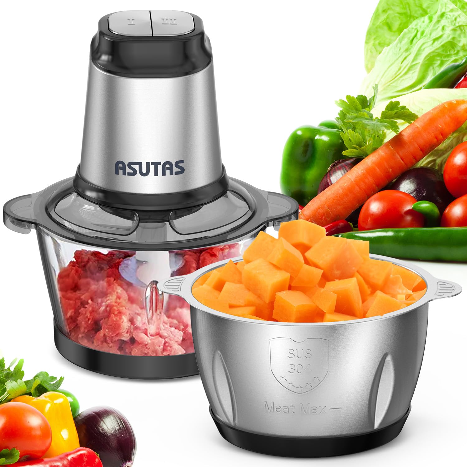 ASUTAS フードプロセッサー 【2種類ボウル 2L 大容量】 2段階スピード 1台多役 400W ハイパワー 静音 高速 フードチョッパー かき氷器 ブレンダー 離乳食 電動 挽肉 みじん切り フードミキサー 家庭用 強力 4枚刃カッター みじん切りのサムネイル