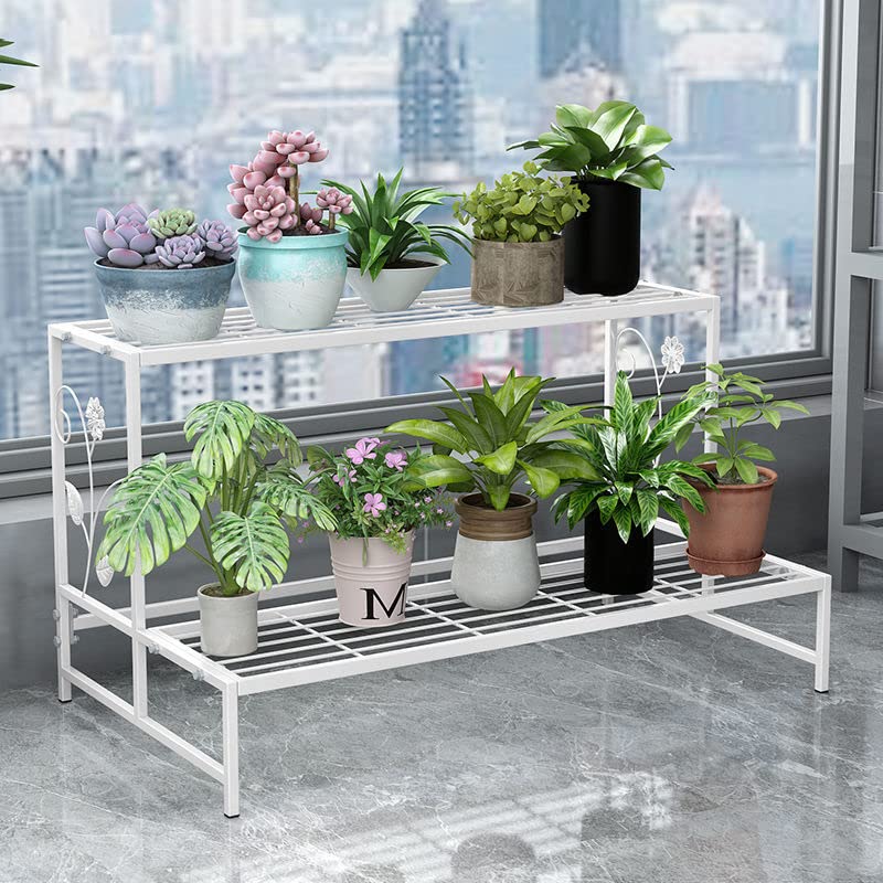 Floralies プランタースタンド アイアン 鉄製 アイビースタンド ガーデンラック 屋外 錆びない 2段 3段 横型 花台 フラワーラック 室内 おしゃれ 防サビ 観葉植物 組立簡単 (2段-80cm幅, ホワイト)のサムネイル