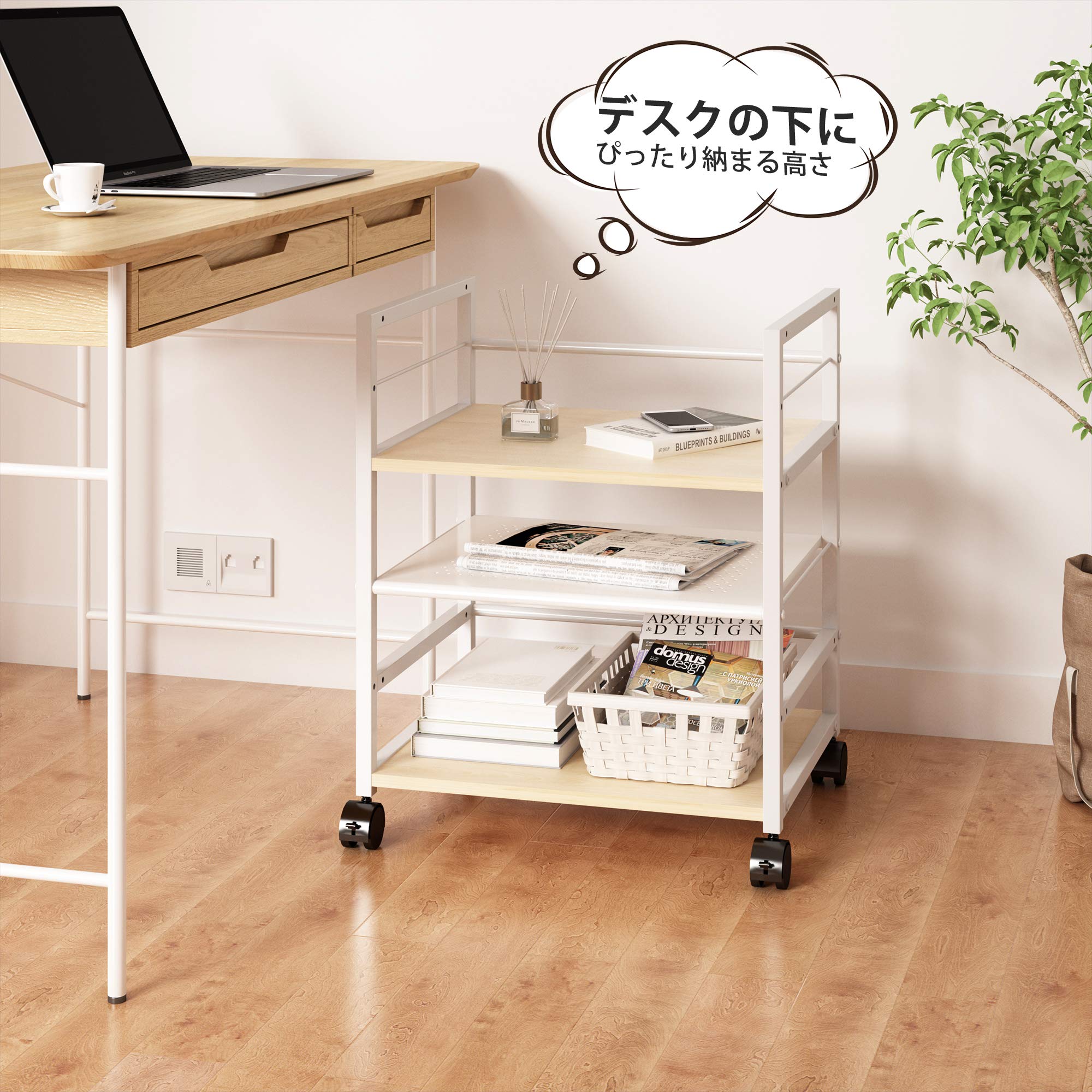 DEVAISE プリンター台 キャスター付き サイドワゴン デスクワゴン プリンターラック デスク下収納 移動便利 幅52 奥行40 高さ63cm デスク下 収納 棚 木製 袖机 スリム オフィスワゴン デスク ワゴン ナチュラル 3