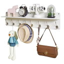YMYNYハンガーラック壁掛け式、木製ハンガー、2点セット、8つのフック付き通路ハンガー、80 cm Lフローティング棚、キーホルダー、キッチン、バスルーム、リビング、白い色 JPHWS006W-2