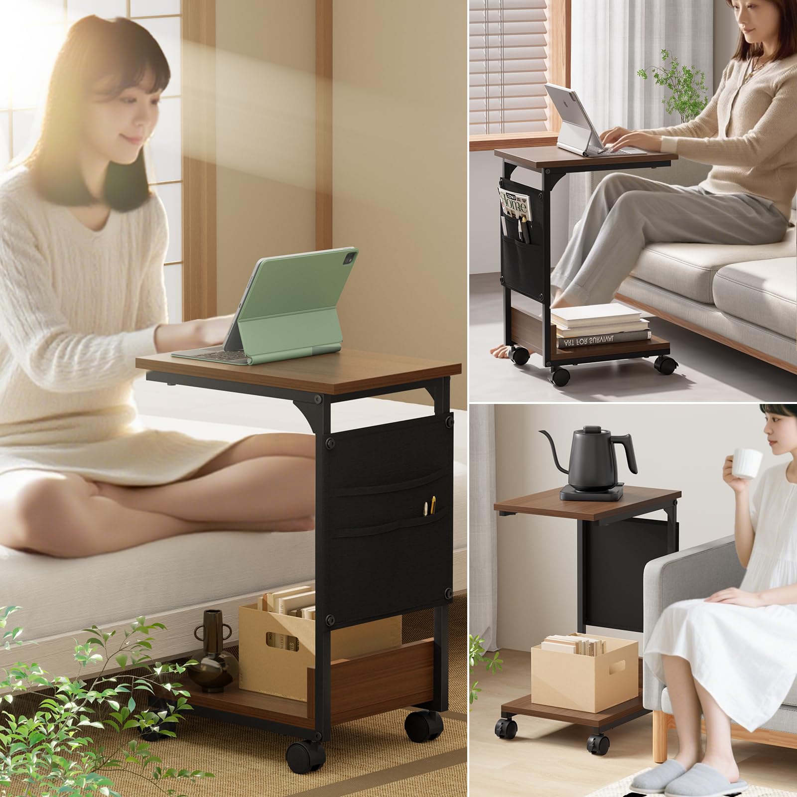 Holdm サイドテーブル キャスター付き ナイトテーブル サイドテーブル ベッド横 おしゃれ 幅37×奥行26×高さ54cm アジャスター付き コの字 移動便利 ソファ スリム 小型 (ウォールナット)