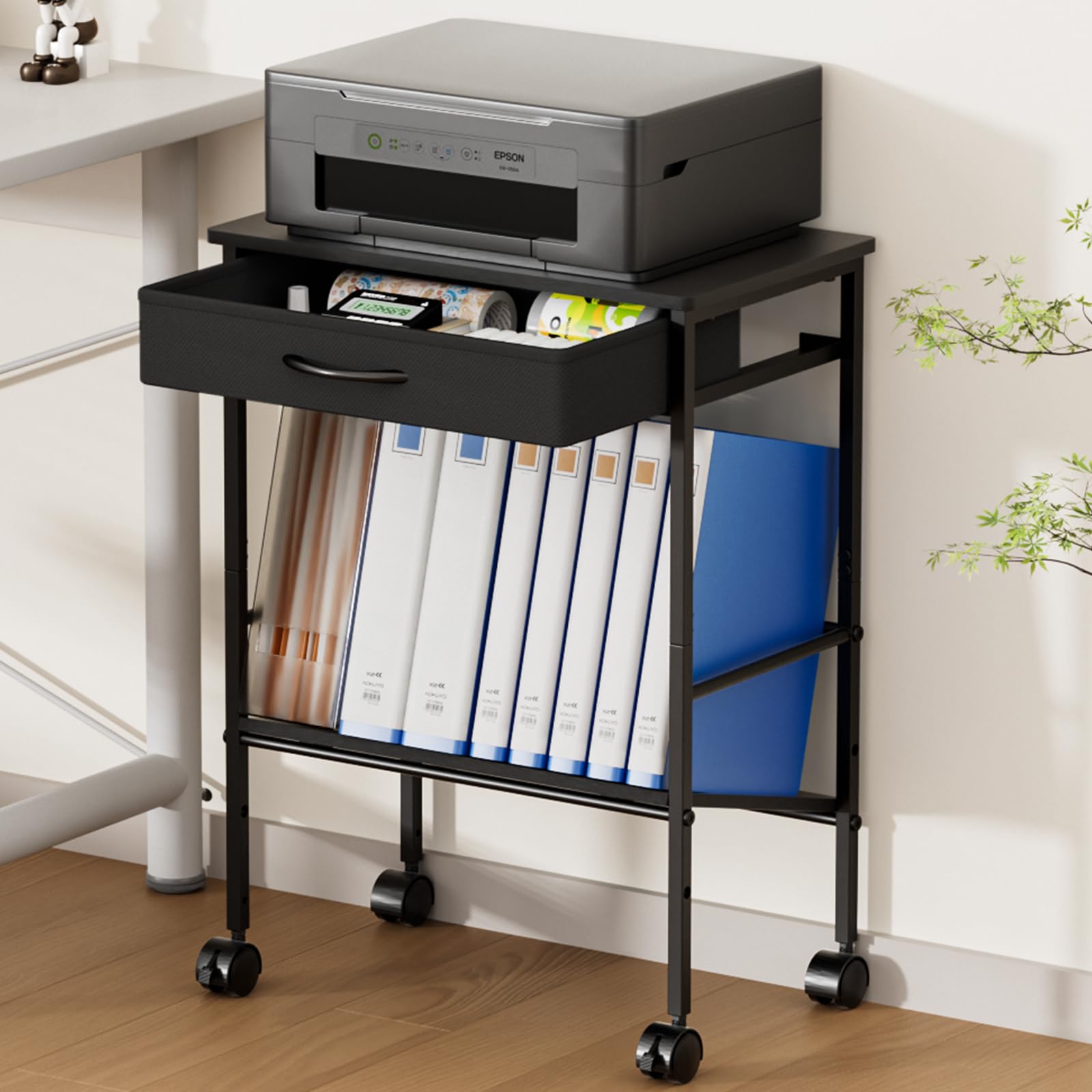 Holdm ファイルラッ ク ファイルワゴン スチールラッ ク 2段 棚板高さ調節 キャスター付き デスクサイドワゴン サイドテーブル 引き出し付き A4対応 パソコンラッ ク (ブラック)