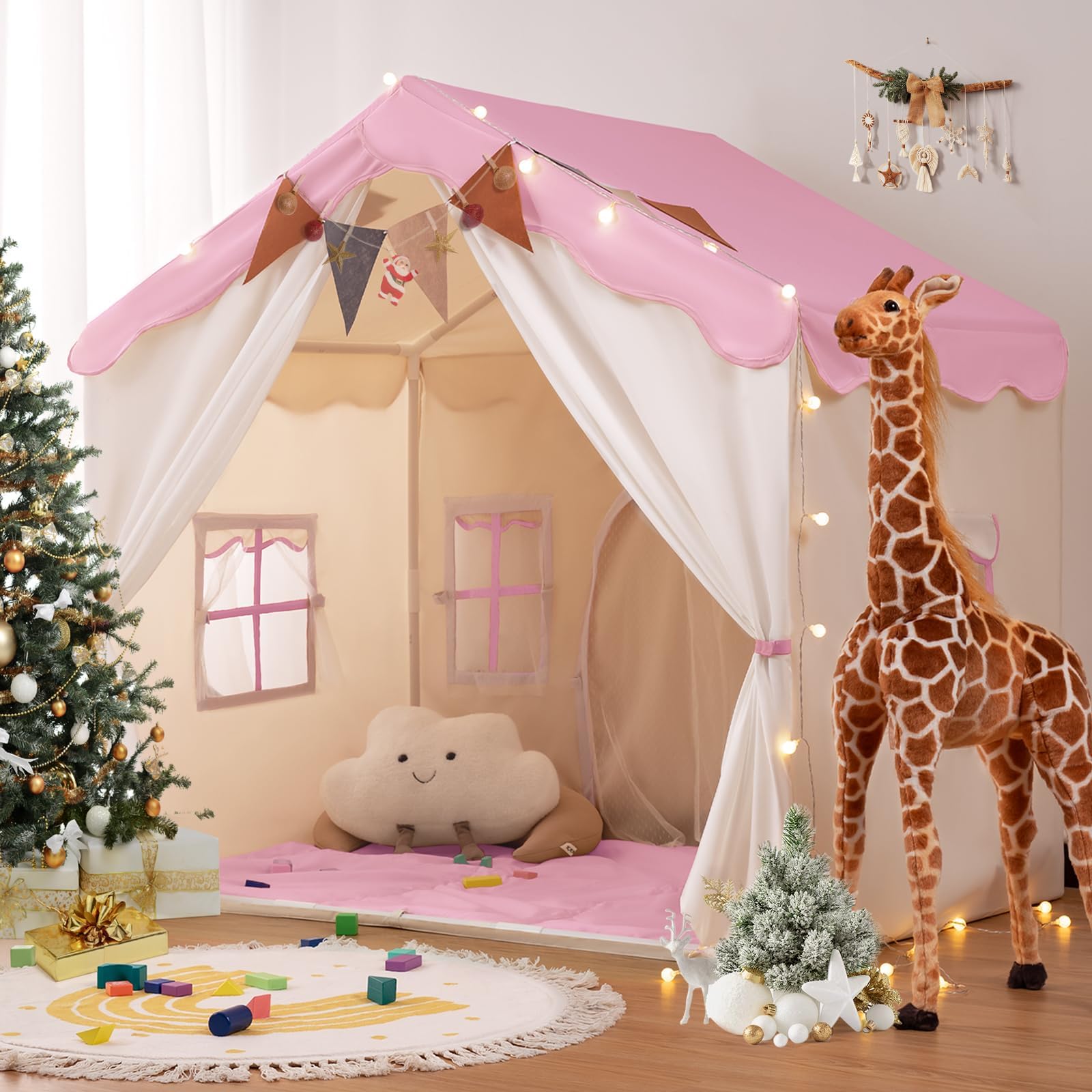 besrey キッズテント ハウステント 子供用プレイテント 秘密基地 室内遊具 2 in 1 パッド付き 大型子供用プレイハウス ドア2つ 窓4つ付き 屋内外で使用 130x89x130cm ピンク
