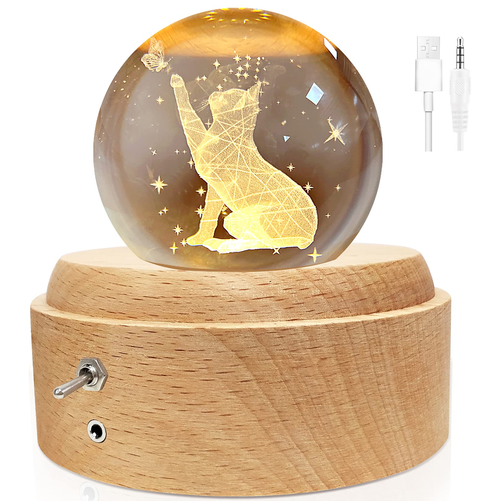 【正規品】オルゴール クリスタル ボール スノードーム 父の日ギフト 猫 バタフライ 誕生日贈り物 誕生日 プレゼント 女性 人気 間接照明 LEDライト1200mAhバッテリー 投影機能 自動回転 置物 オブジェ 癒しグッズ 雑貨 ベッドサイドランプ お