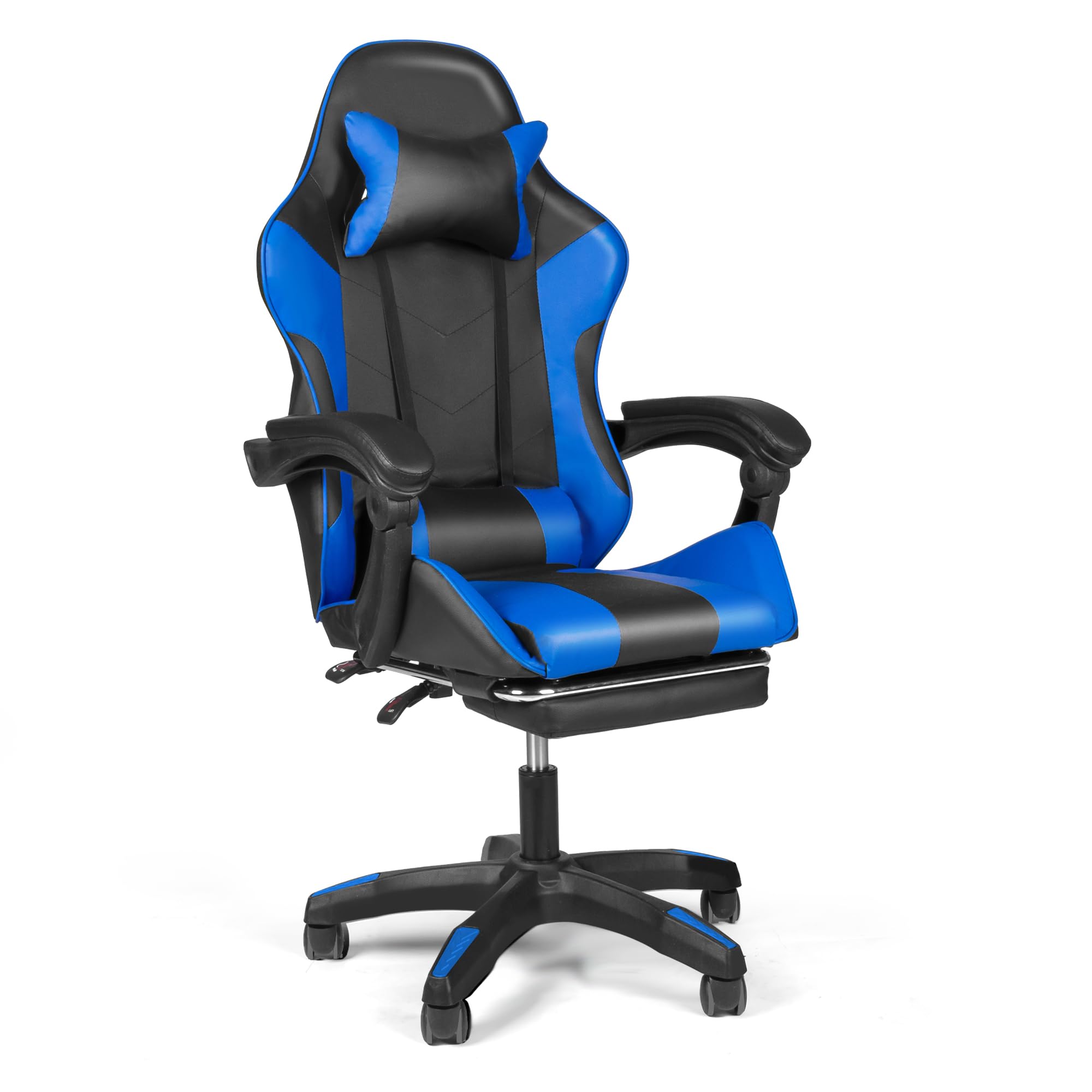 DoubleTT ゲーミングチェア ゲーム用チェア オフィスチェア デスクチェア パソコンチェア オットマン付き 人間工学 165度リクライニング機能 ハイバック テレワーク椅子 PCチェア (ブルー-1)