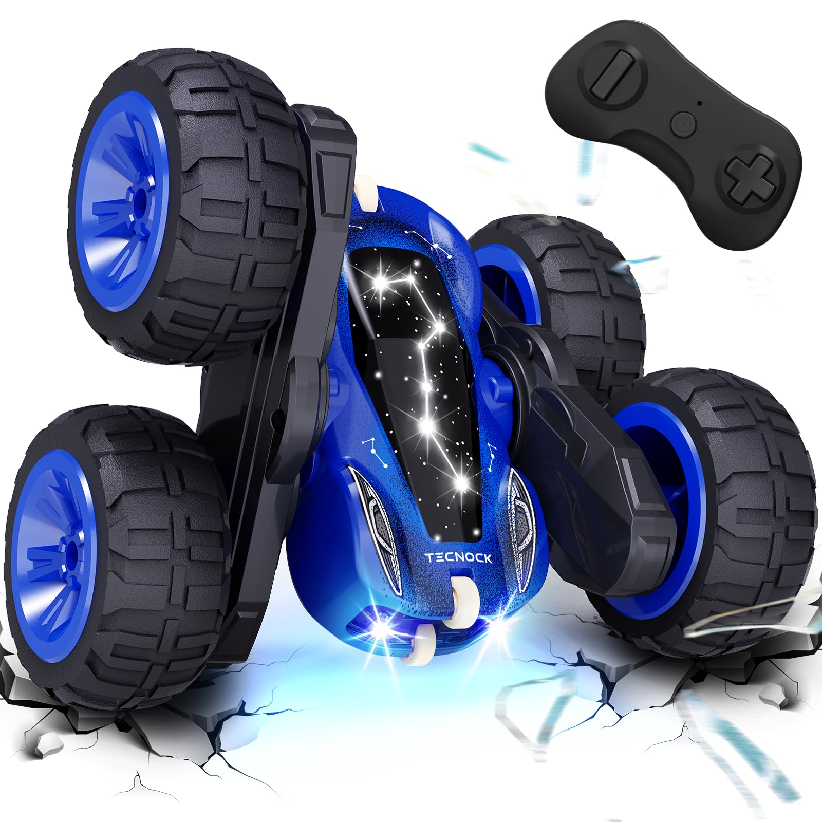 Tecnock 子供向け スタント おもちゃ ラジコンカー 360度回転 両面走行 USB Type-C充電式 4WD オフロード RCカー 男の子 誕生日 プレゼント (ブルー)
