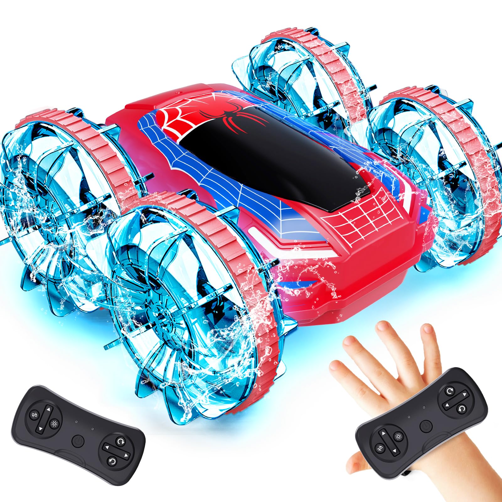 Tecnock ラジコンカー 水陸両用 ラジコン USB磁気充電式 子供向け ジェスチャ制御ラジコンカー 360°回転 両面走行 スタントカー プレゼント (レッド)