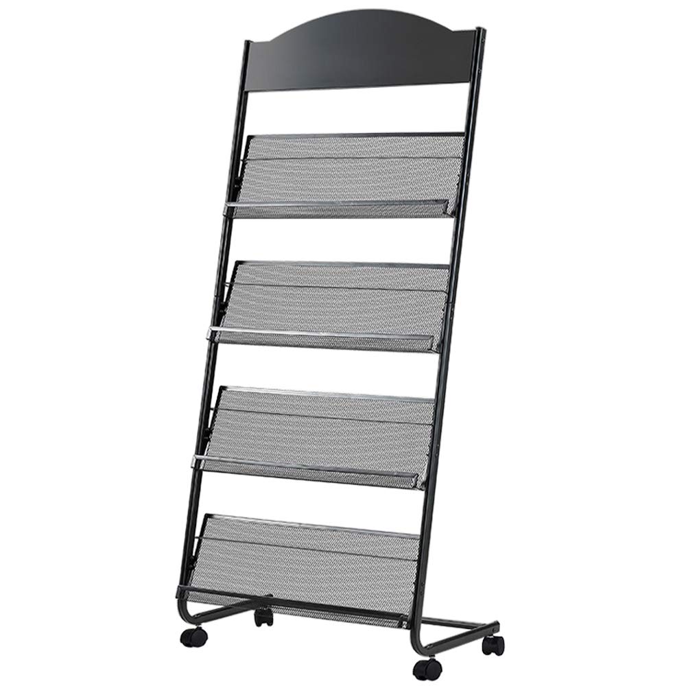 BAOJIADA マガジンラック マガジンスタンド 車輪付き 4つの棚付き スチール製 パンフレットスタンド 文..