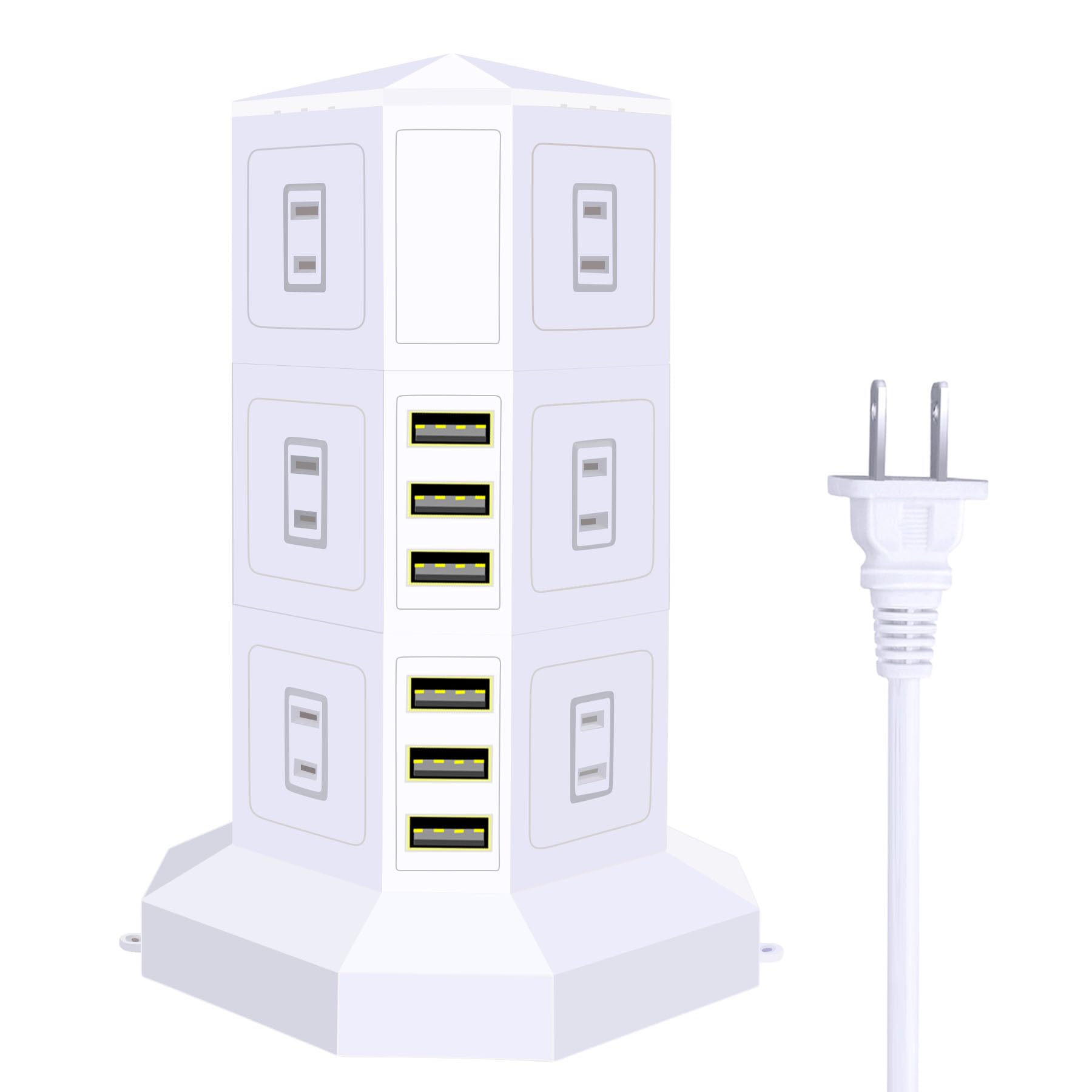 JIACHAN 電源タップ タワー式 9個USB 12個コンセント 約3m 急速充電 掛ける可能 3段 ホワイト (3層, 白)