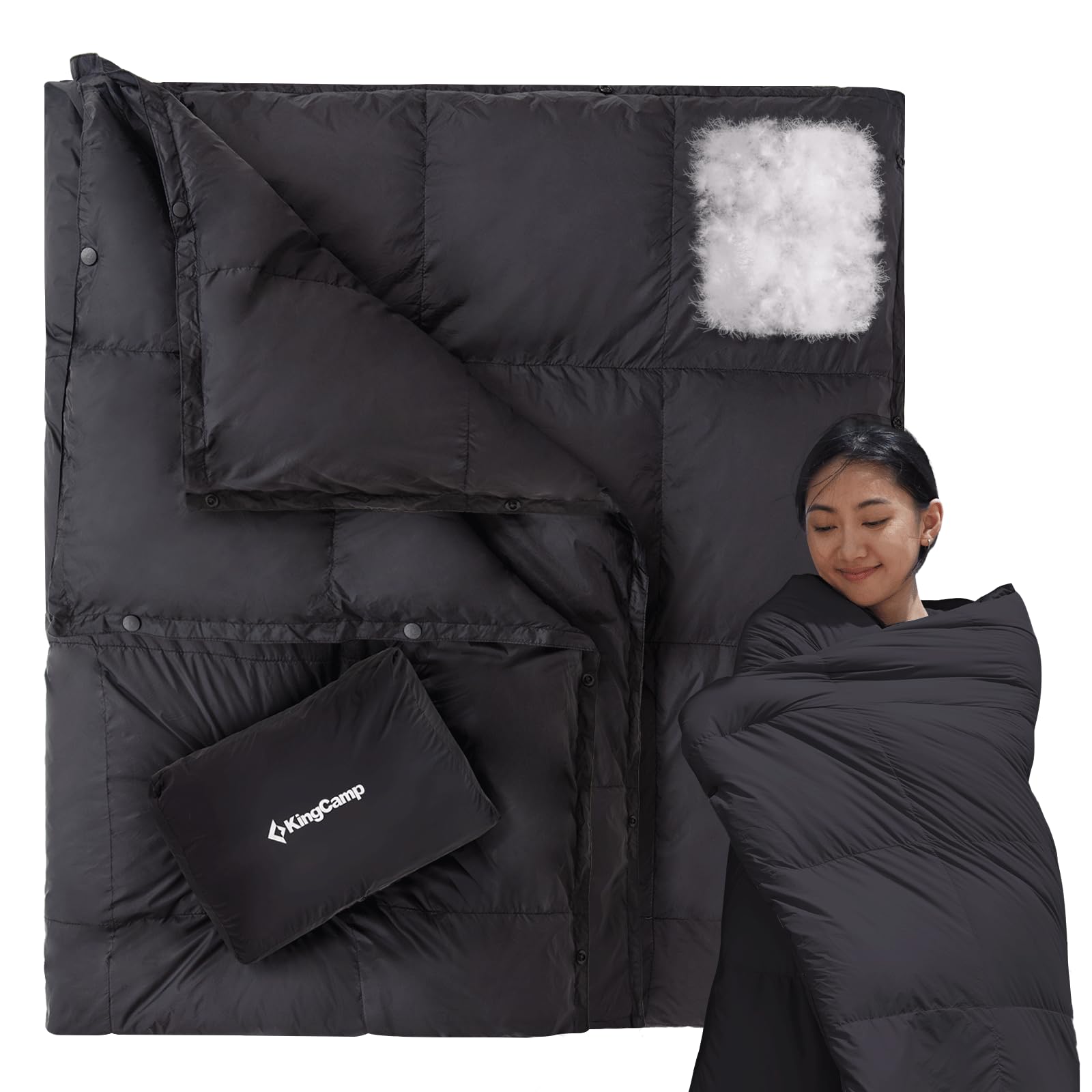【2026新登場】KingCamp ダウンブランケット 冬用 FP650 保温 軽量 コンパクト キャンプ 175×135cm ブランケット 膝掛け ダウンケット 連結可能 コンパクト 車中泊 室内 防災 登山 旅行 ブラック