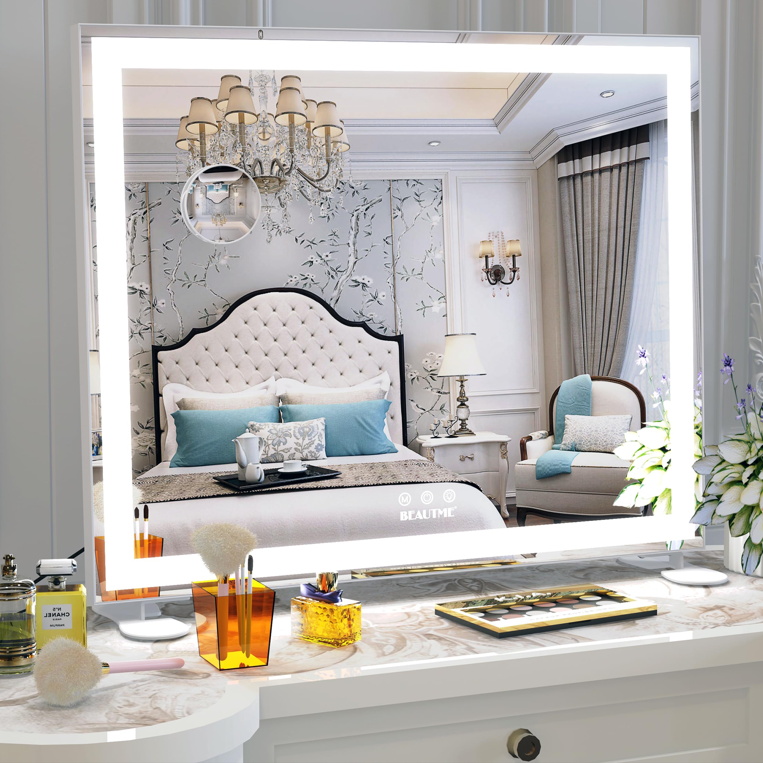 BEAUTME 女優ミラー 化粧鏡 ハリウッドミラー 壁掛け/卓上両用 三色照明モード 無段階調光 白 (600×507×150mm)