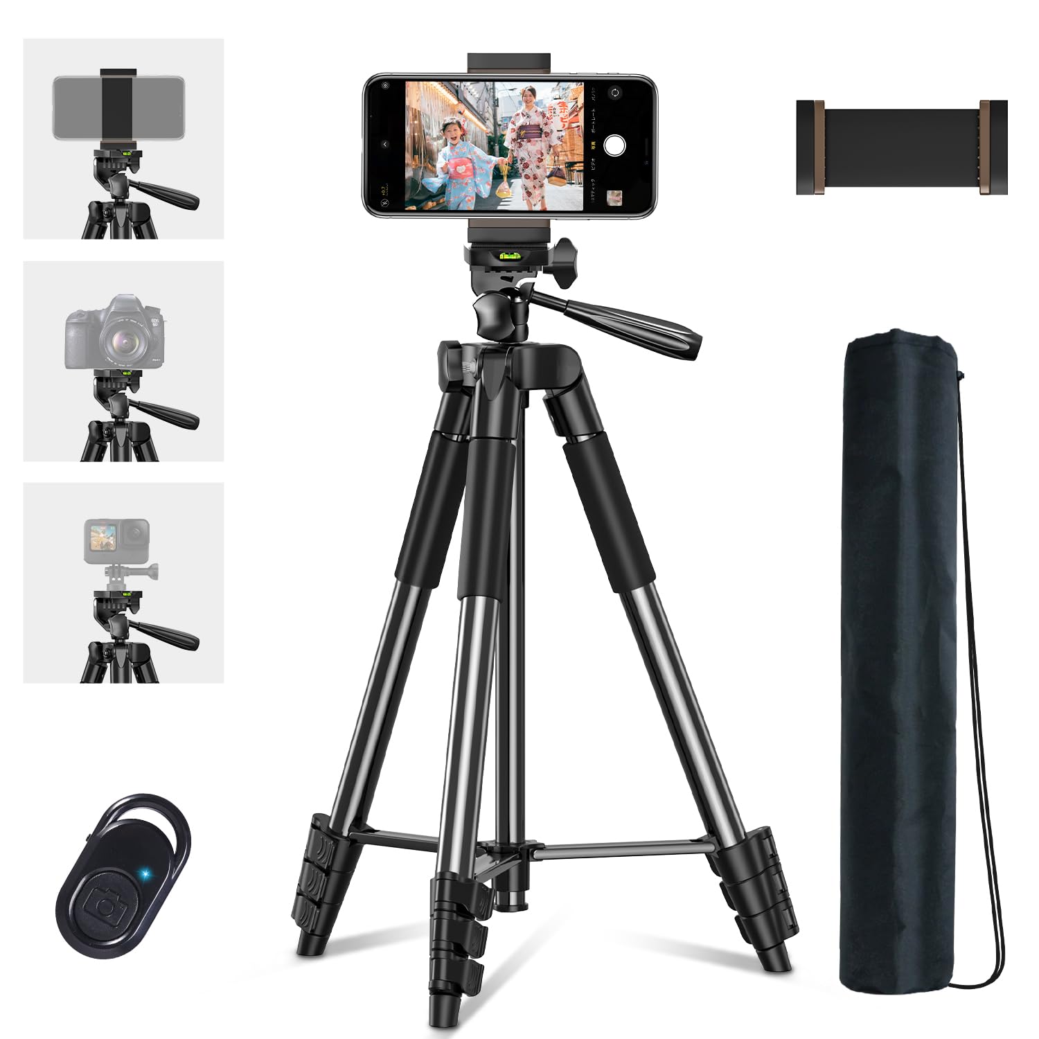 楽天RENEW三脚 スマホ三脚 【2025新登場 & 370g超軽量 & 収納39cm】 カメラ三脚 ビデオカメラ スマホスタンド スマホホルダー 5段階伸縮 最大長さ134cm さんきゃく ミニ三脚 軽量 Bluetoothリモコン付き iPhone/Android/