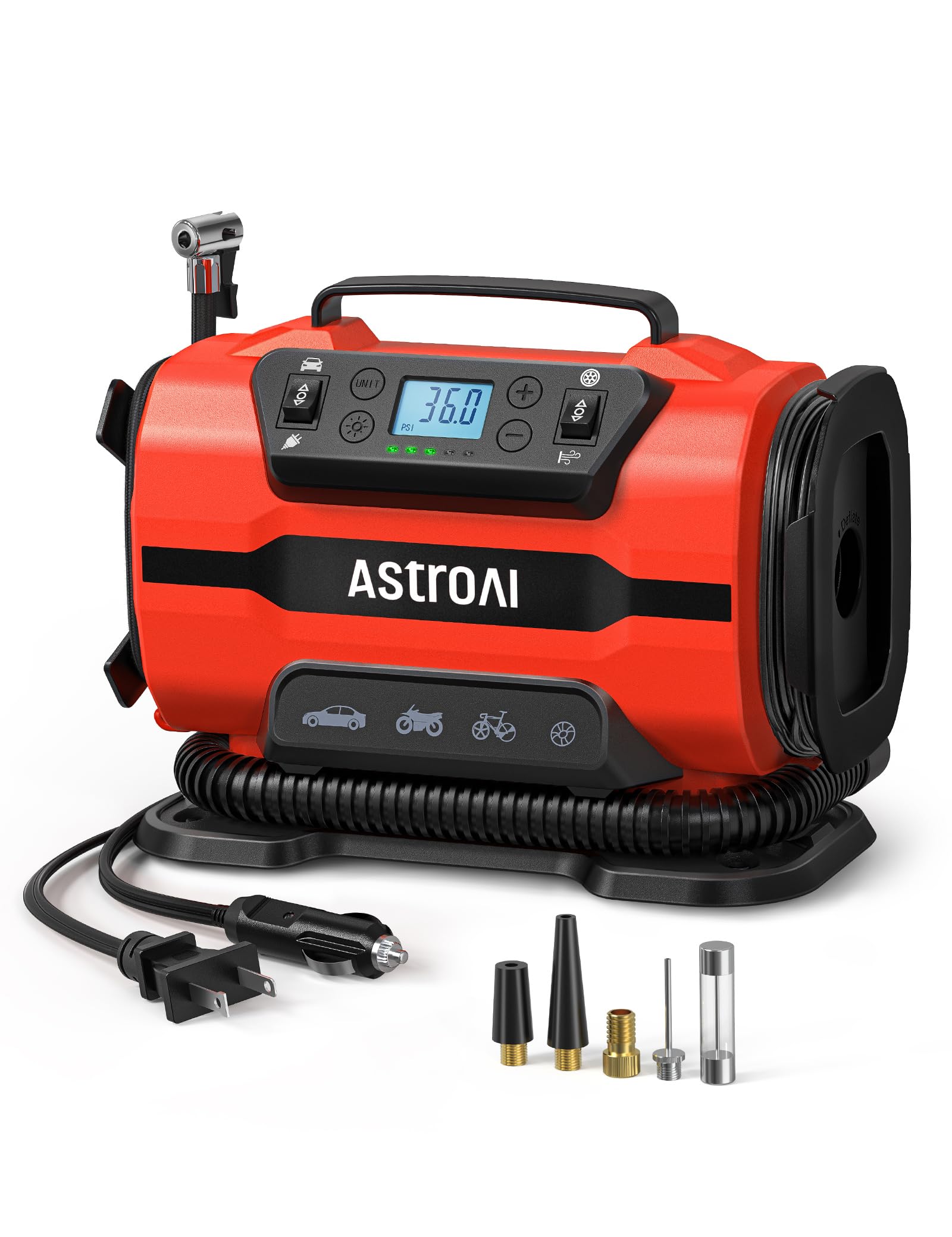 AstroAI エアーコンプレッサー 電動空気入れ 5 in 1 タイヤ・プール 自動車用 AC/DC給電 150 PSI 自動電源オフ メモリ機能 LEDライト五種類変換ノズル 仏式/米式/英式 全バルブ対応 バイク 自転車 エアマットレス 浮き輪 ボー