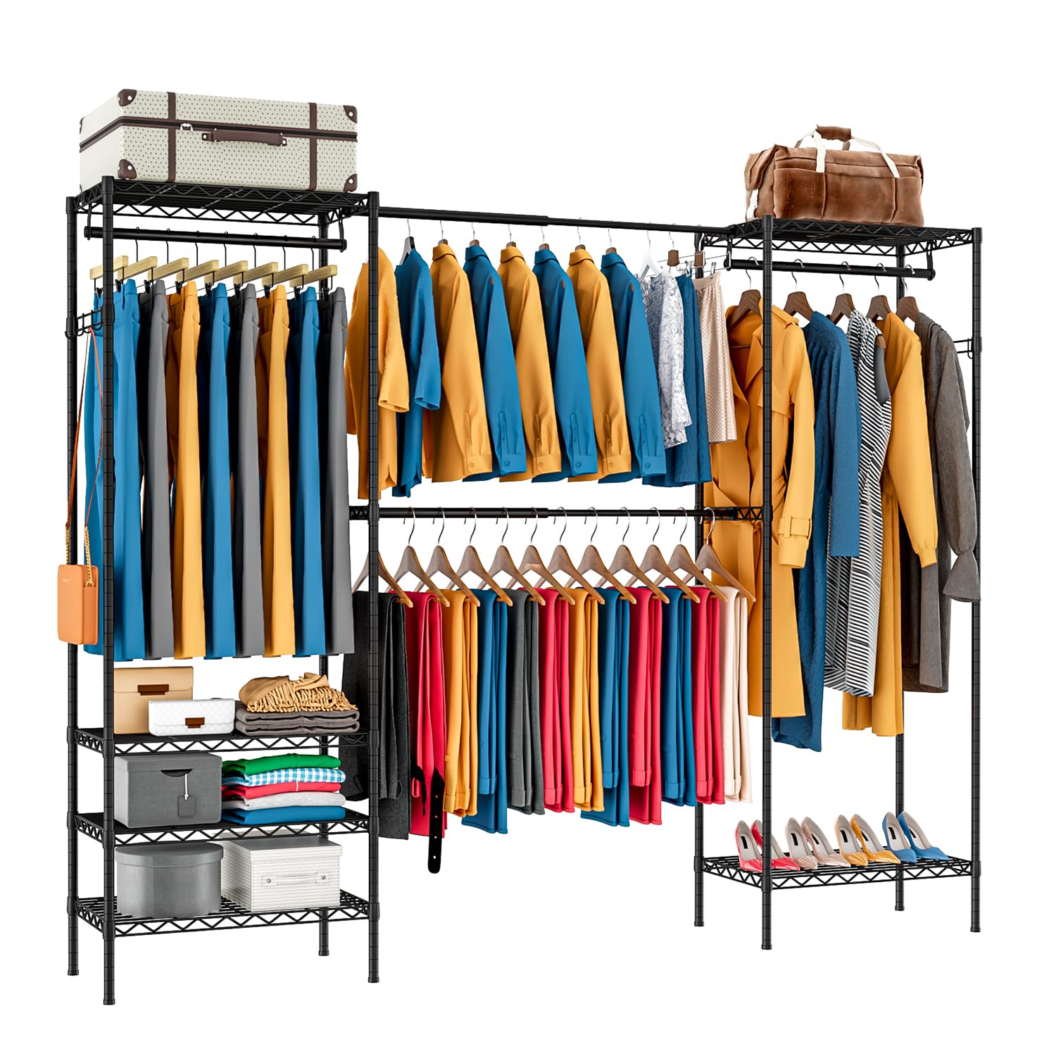 PASRLD ハンガーラック 幅調整可 伸縮式ワードローブ メタルラック 棚板高さ調節 コート掛け ラック本..