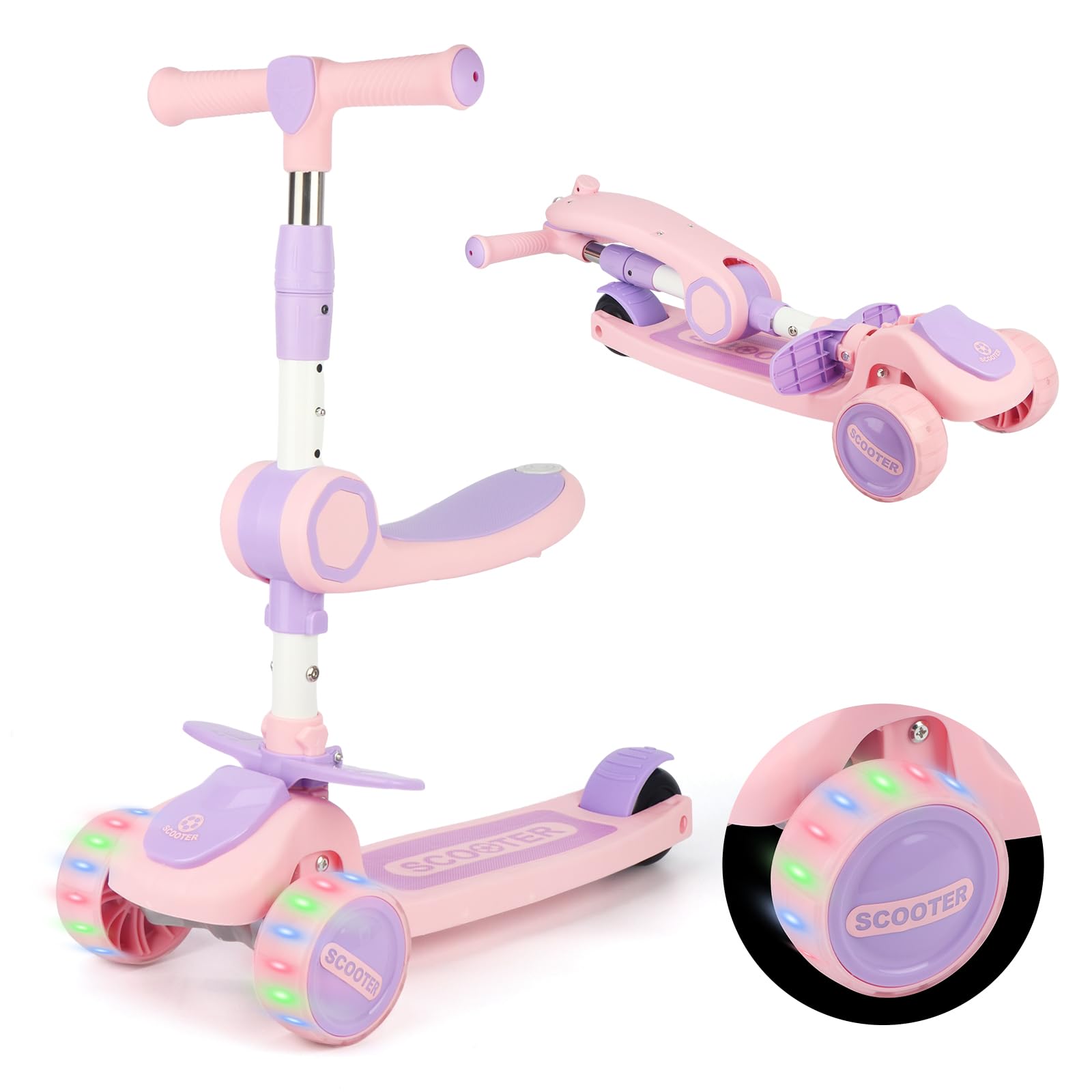 LittleSo キックスクーター 3~10歳子供用 キックボード 4段階高さ調整 61/66/73/80cm シートあり 光るLEDタイヤ 折り畳み式 三輪車 方向変換 耐荷重100kg アウトドアに適用 子供 男の子 女の子 プレゼント 子どもの日 お