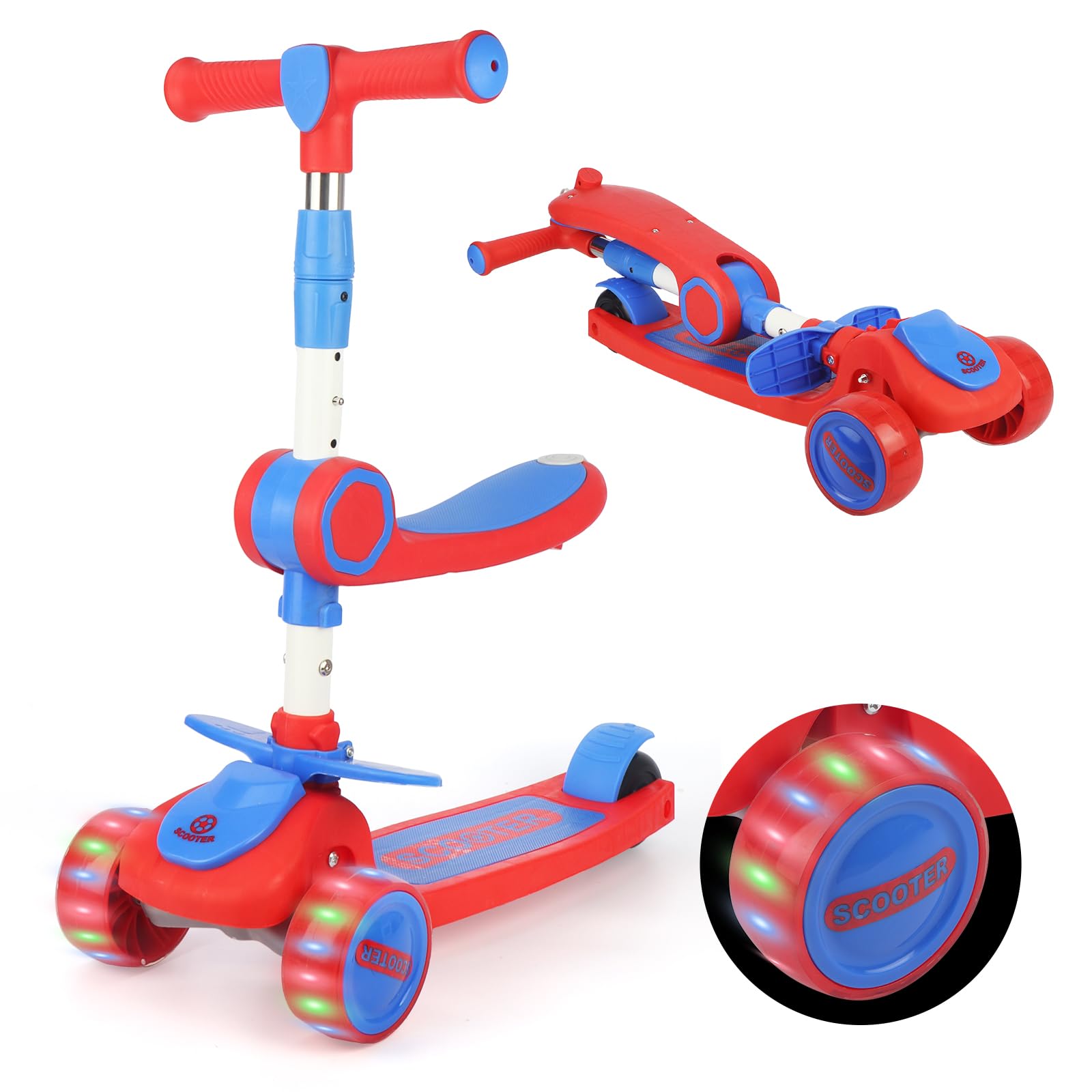 Rakuten - LittleSo キックボード 子供 3輪 キッズスクーター キックスクーター 2way 4段階高さ調整 シート 座る LED光るタイヤ ブレーキ付き 折り畳み式 3~10歳 三輪車 室内 アウトドア 耐荷重約100kg 男の子 女の子 小学生 誕生日 プ
