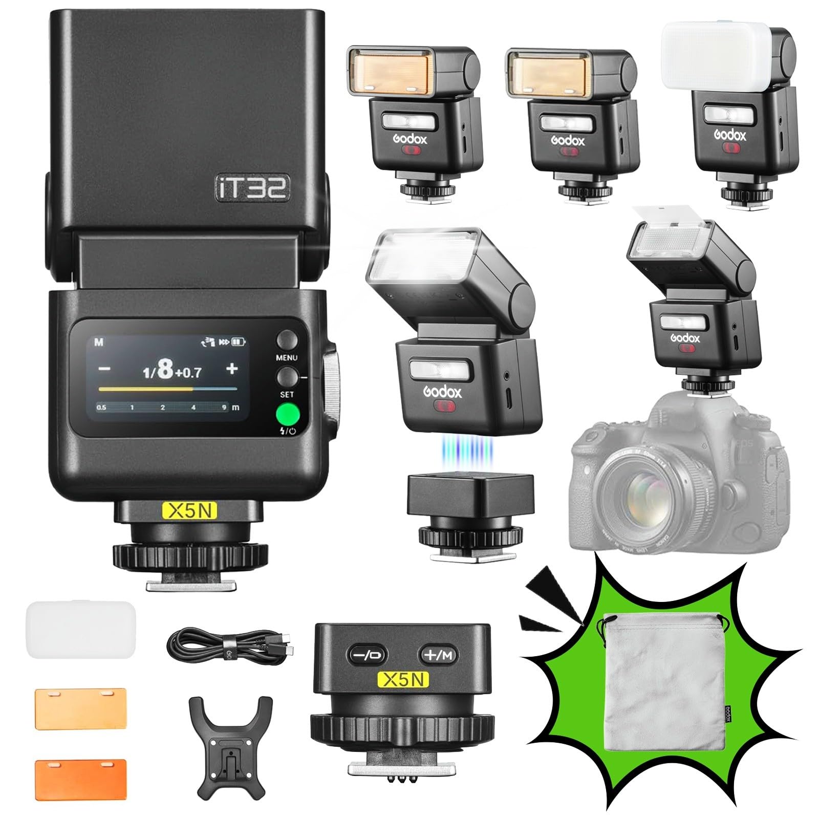 GODOX iT32 TTL カメラフラッシュ、ニコン用 X5N ワイヤレストリガー付き、Godox X シリーズ (X3/X3Pro/XPro/XProII/X2T) と互換性あり、内蔵 2.4GHz レシーバー、磁気マウント & リフレクター/ディフュ