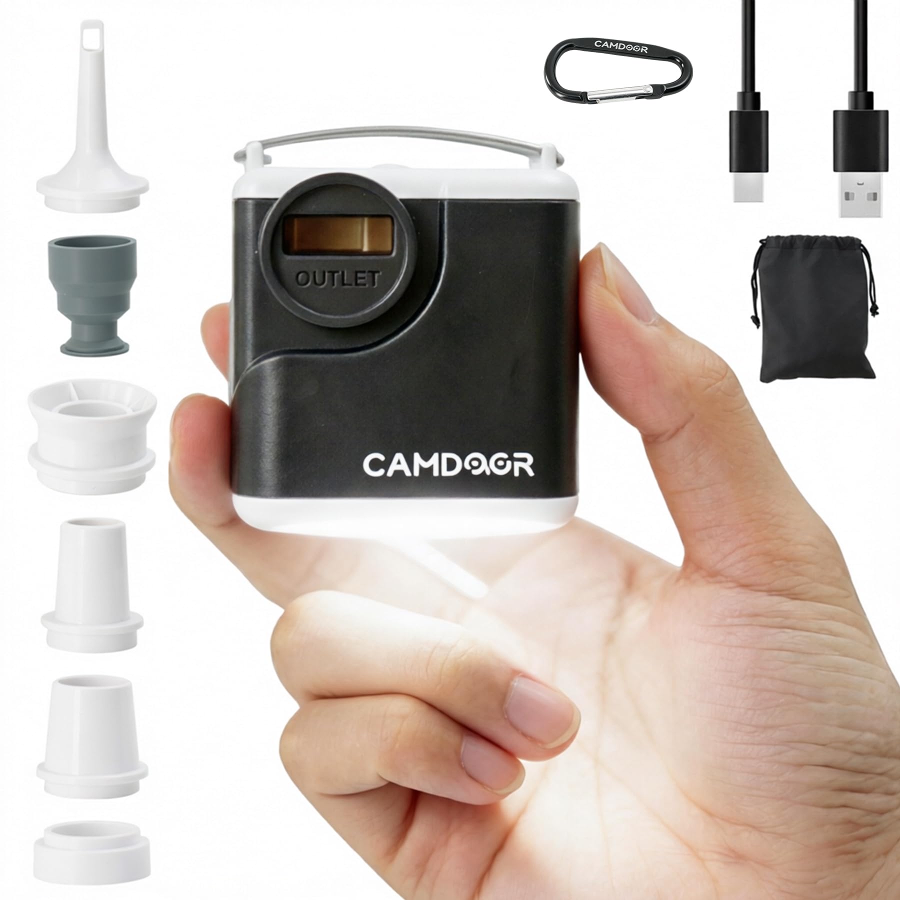 CAMDOOR 携帯式 エアーポンプ 電動ポンプ 超軽量 強力 4.5kPa 300L/分大容量【6つのノズル＆ライト付】携帯式 電動ポンプ USB 充電式 バッテリー付き 2400mAh 小型 エアマットレス・真空袋・浮き輪などに適用 エアーマット 空気