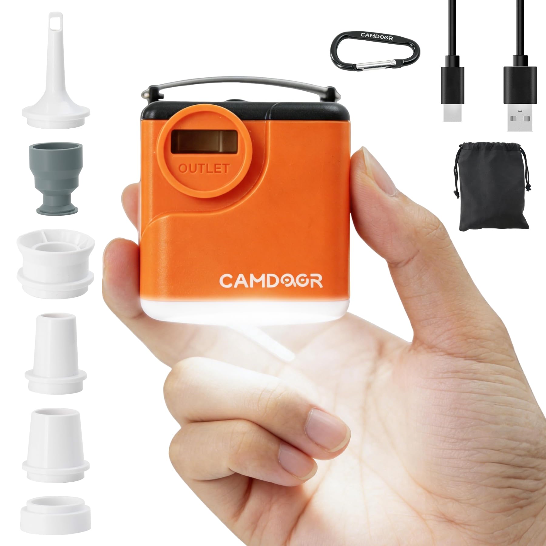 CAMDOOR 携帯式 エアーポンプ 電動ポンプ 超軽量 強力 4.5kPa 300L/分大容量【6つのノズル＆ライト付】携帯式 電動ポンプ USB 充電式 バッテリー付き 2400mAh 小型 エアマットレス・真空袋・浮き輪などに適用 エアーマット 空気