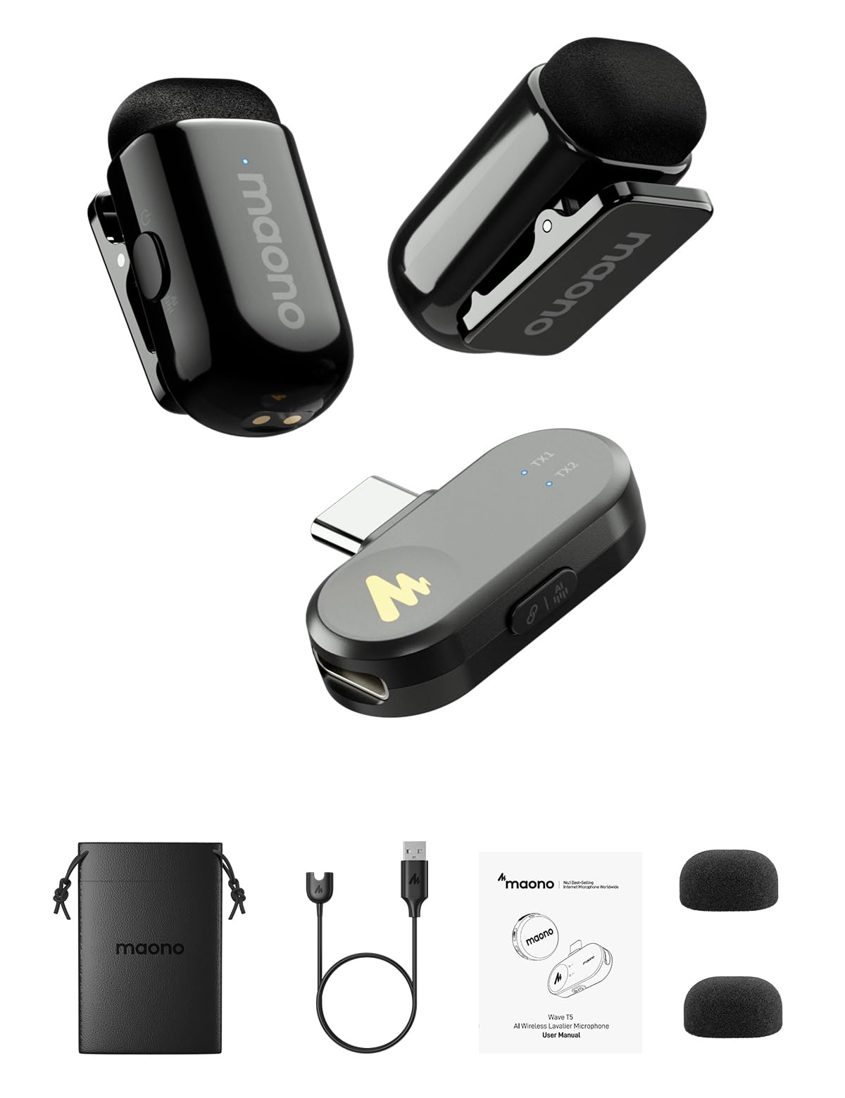 MAONO ピンマイク ワイヤレスピンマイク  iPhone15/16/Android/PC対応 360°集音 100m伝送 6時間使用 AIボイチェン 音画同期 2人同時使用 クリップ式超ミニ無線 Vlog撮