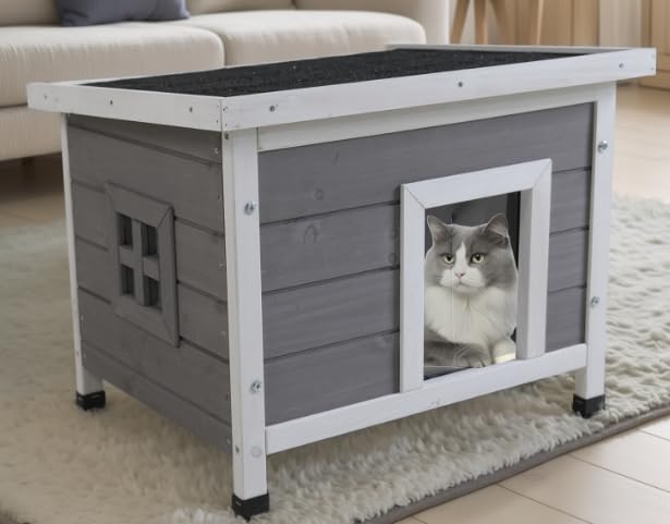 OAFNLWU 木製 ペットハウス 犬 兎 猫 小動物 小屋 犬舎 屋外 室内 高床式 湿気対策 通気性 屋根付き犬小屋 防水 防風 雨よけ 全天候型 日よけ 風よけ 掃除しやすい 底板取り外し 組み立て簡単 耐久性(グレー)
