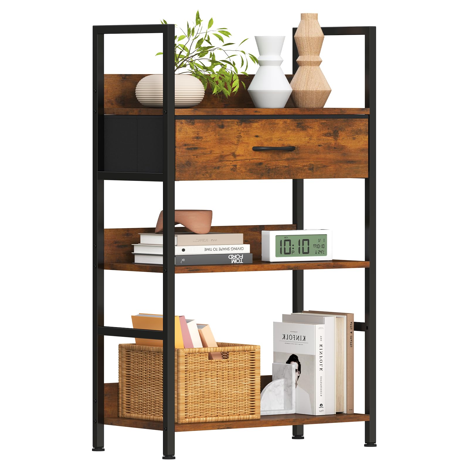 LunarLight オープンシェルフラック 幅60奥行30高さ100cm 3段ラック 収納棚 引き出し付き 引き出し位置調節可能 本棚 整理棚 L字型 アジャスト付き 収納ラック 省スペース スリム おしゃれ 組立簡単 工具不要 耐震転倒防止 (ヴィンテ(3)