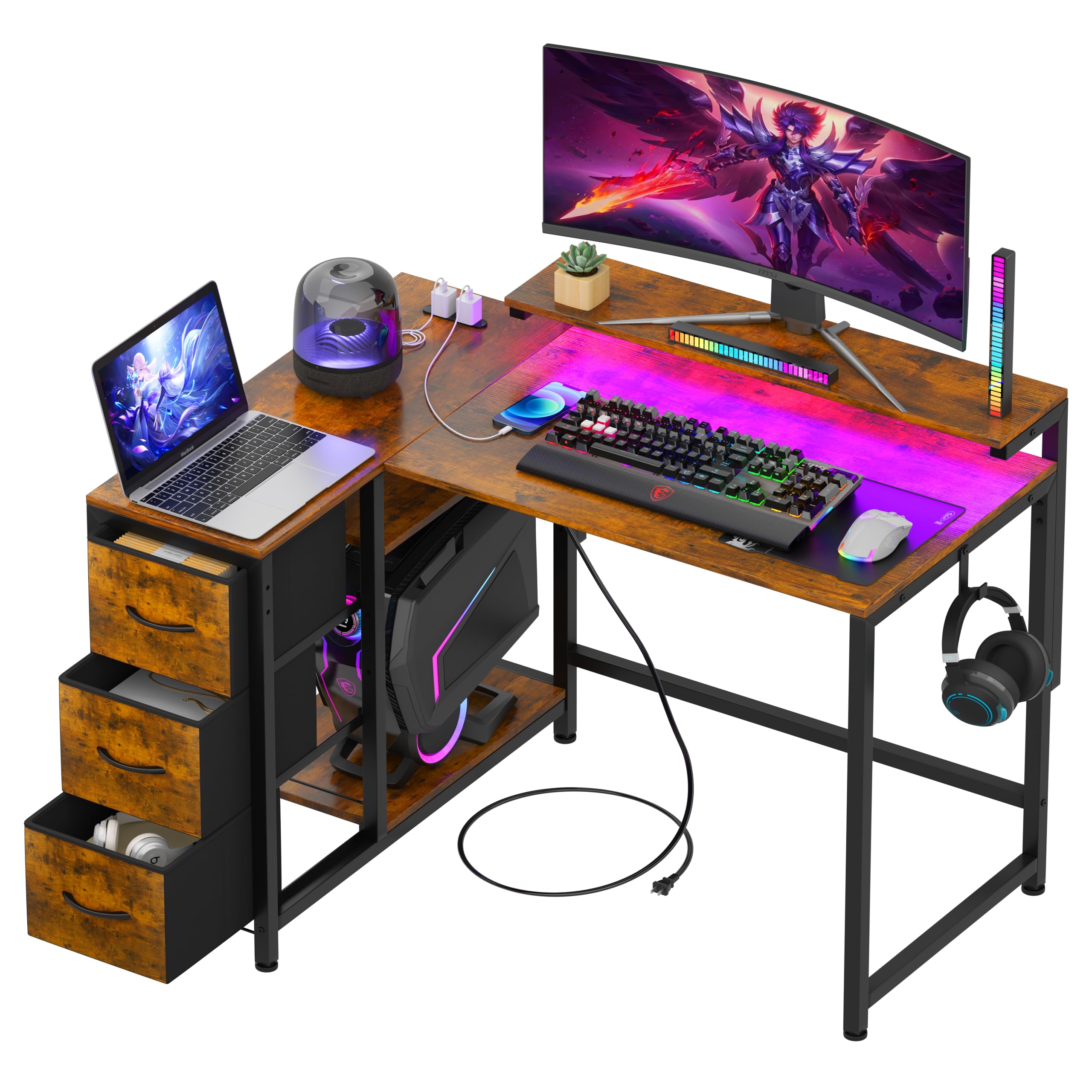 LunarLight PCパソコンデスク 幅108奥行80高さ85-108.5cm テレワーク L型デスク・左右組み換え自由 モニタ台の高さ調節可能 引き出しとコンセント付き 収納たっぷり ゲーミングデスク オフィスデスク 書斎 収納ラック付き (ヴィンテ