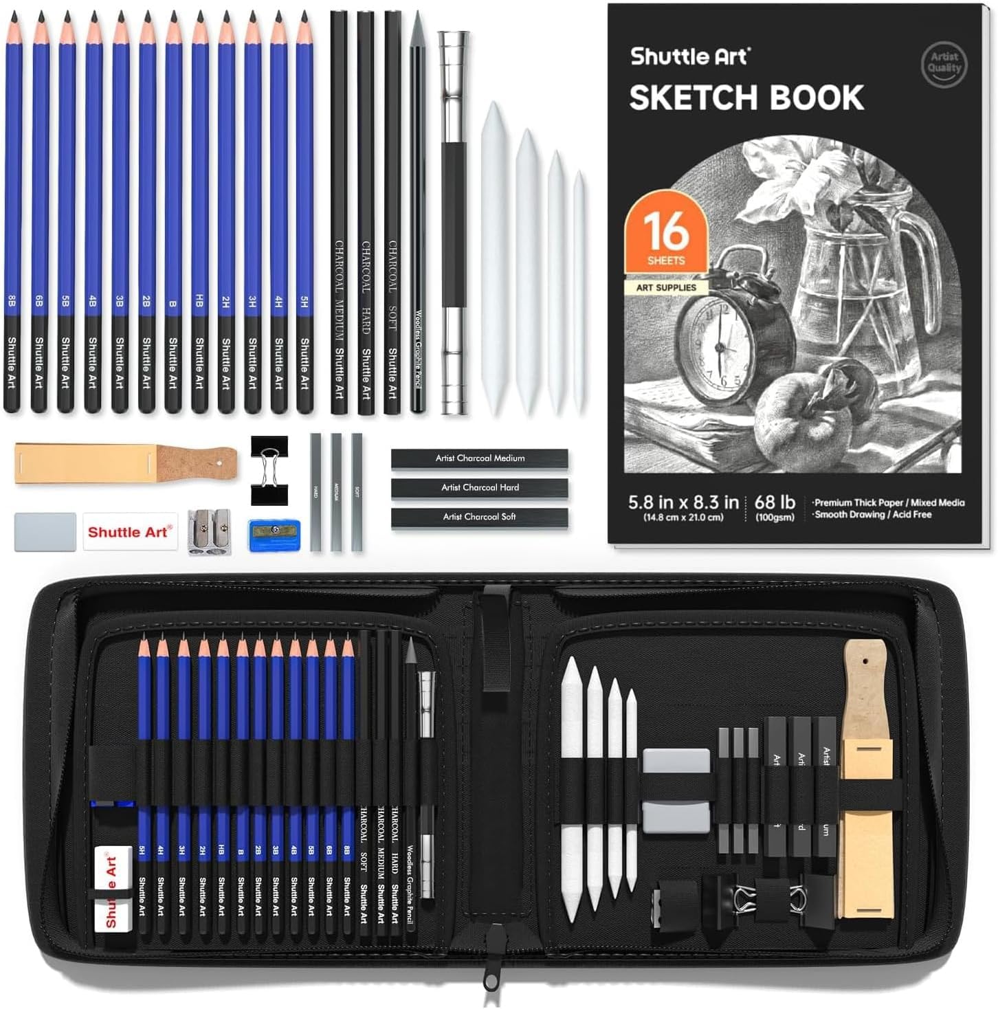 Shuttle Art スケッチ鉛筆 デッサンツール 子供や大人も適用な絵具 37点 ポップアップ式 ポータブル 収納ケース付き 素描初心者 アーティスト 美術 アート専門 製図 クラフト