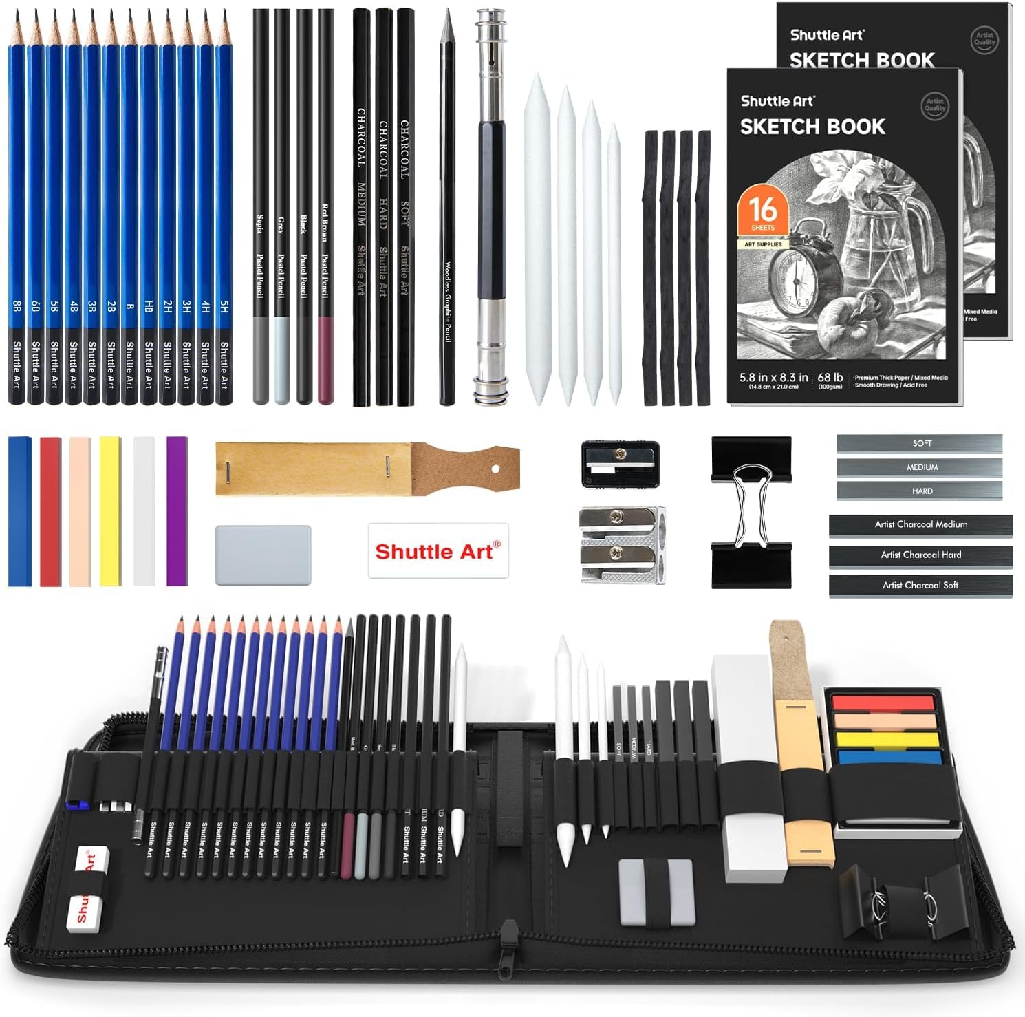 Shuttle Art スケッチ鉛筆 デッサンツール 子供や大人も適用な絵具 52パック ポップアップ式 ポータブル 収納ケース付き 素描初心者 アーティスト 美術 アート専門 製図 クラフト