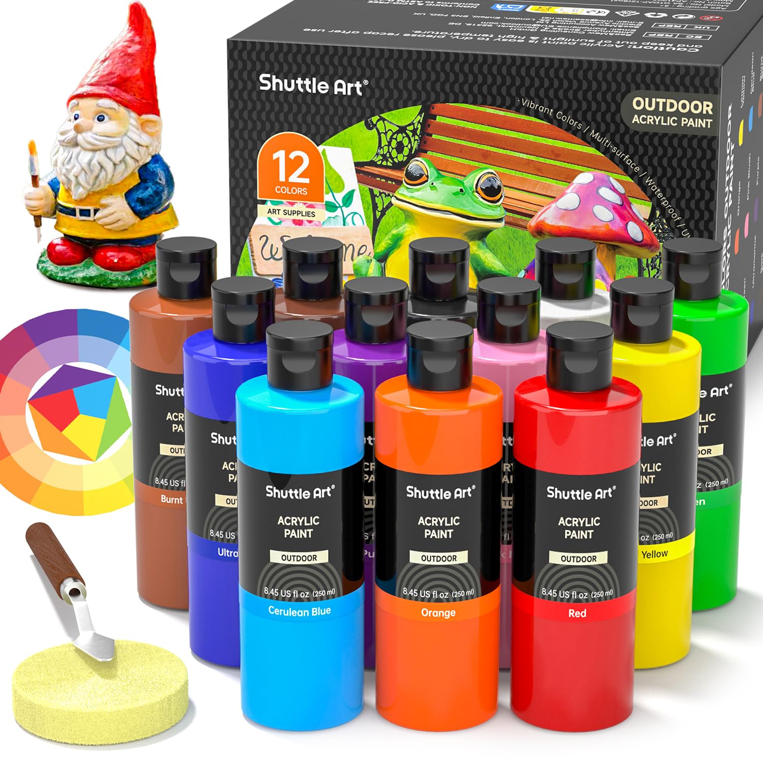 Shuttle Art 屋外用アクリル絵具 12色セット 250ml 大容量 絵の具セット 防水 日焼け防止 ペイントナイフ スポンジ付き 伸びがいい 鮮やか 岩石/木材/壁/クラフト/ガーデン像/シャッター/立て看板に描ける DIY ボトル 美術 画材