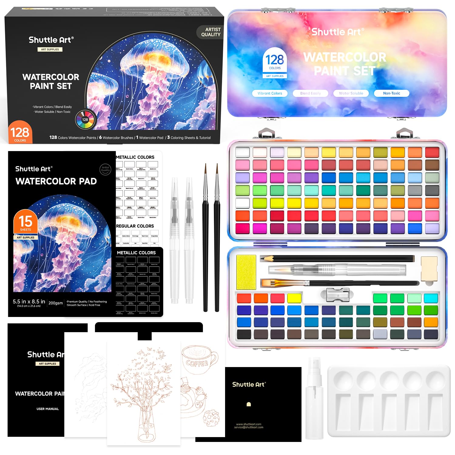 Rakuten - Shuttle Art 固形水彩 128色セット 固体水彩絵の具 ハーフパン ペイントブラシ 水筆ペン 水彩紙 パレット スケッチ鉛筆付き メタリック 透明 半乾き 溶けやすい 速乾 水彩画 大人の塗り絵 お絵描き 野外スケッチ用 携帯便利 美術 画材セッ