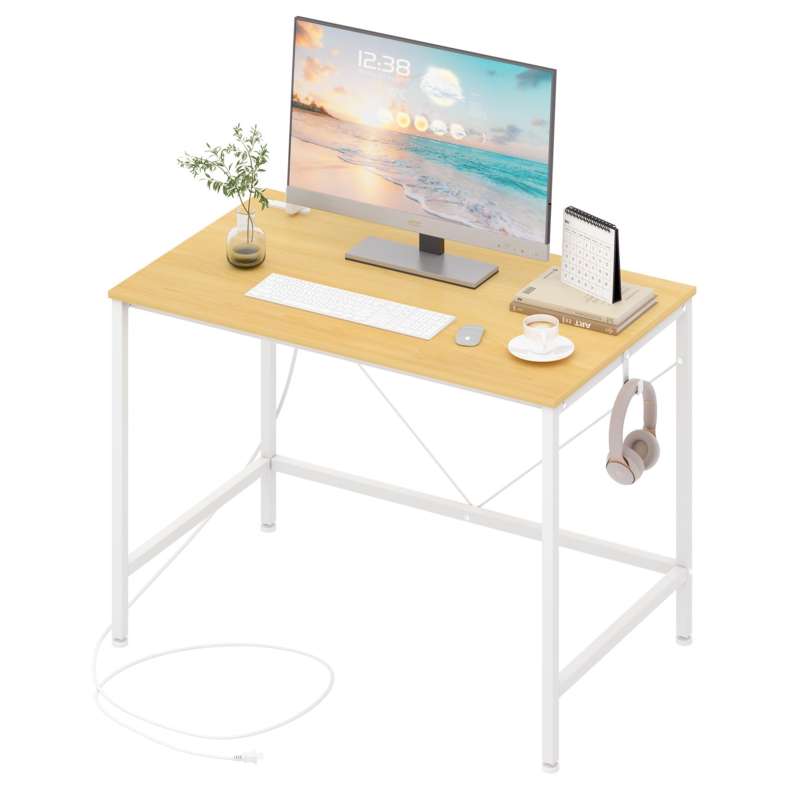 LunarLight ワークデスク 机 幅100奥行60高さ70cm テレワーク PCパソコンデスク シングルデスク 勉強机 コンセント付き オフィス 在宅ワーク ゲーミングデスク フック付き ノートパソコン用 在宅勤務 おしゃれ 組立簡単 工具不要 耐震