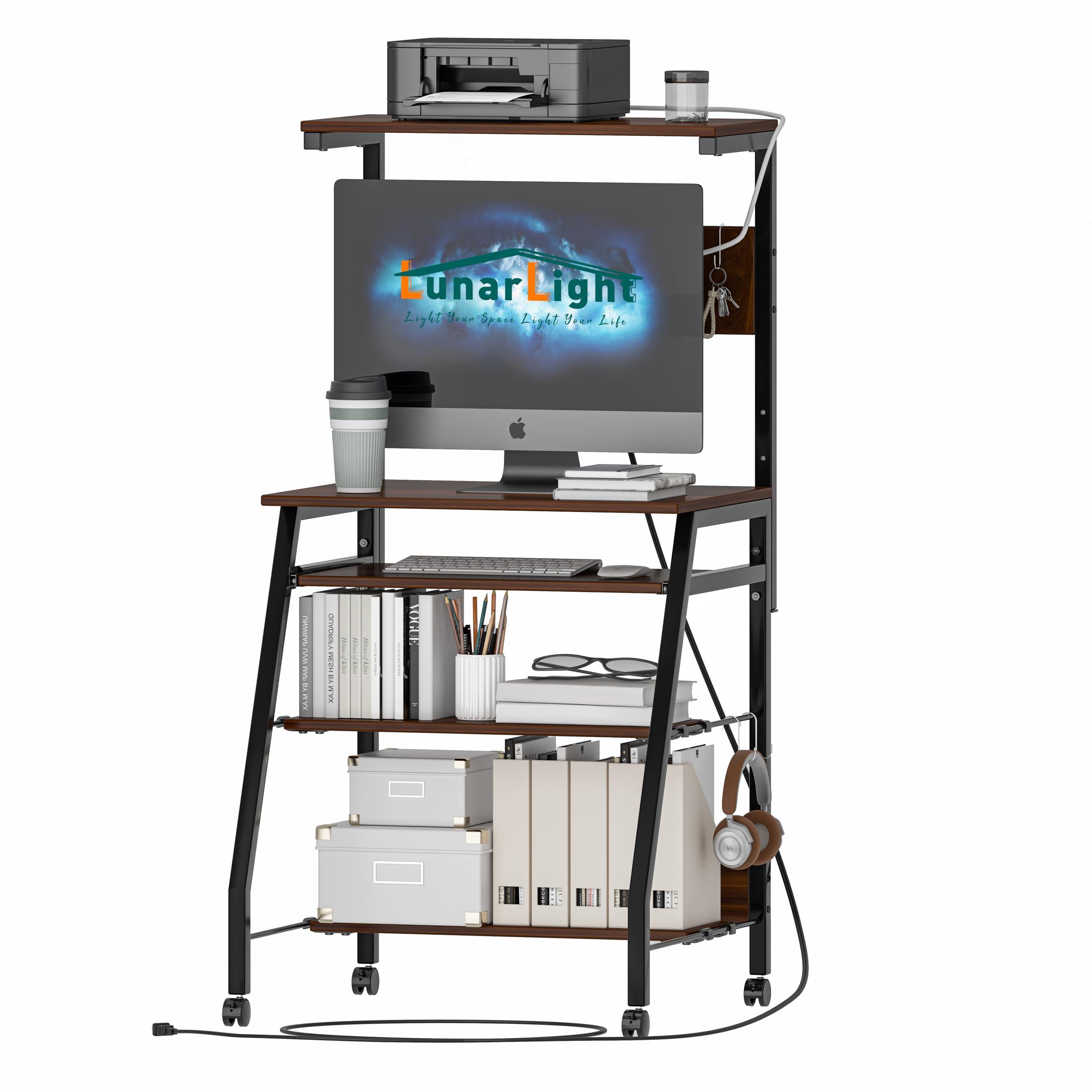 LunarLight PCパソコンデスク 机 幅60奥行53高さ72-122cm テレワーク プリンタ台付きキーボード付き デ..
