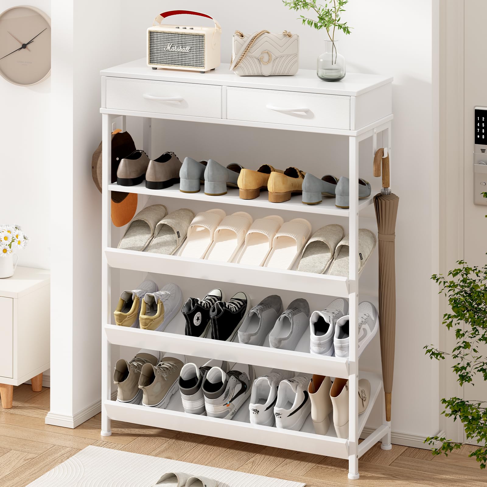 LunarLight シューズラック シューズストレージ 3段斜面 下駄箱 靴箱 靴置き 靴収納ラック 傘掛けフック付き 収納棚 スリム 引き出し 幅77奥行27高さ100cm 棚付き 高さ調節可能棚板 チェスト おしゃれ 収納ボックス 木製 省スペース