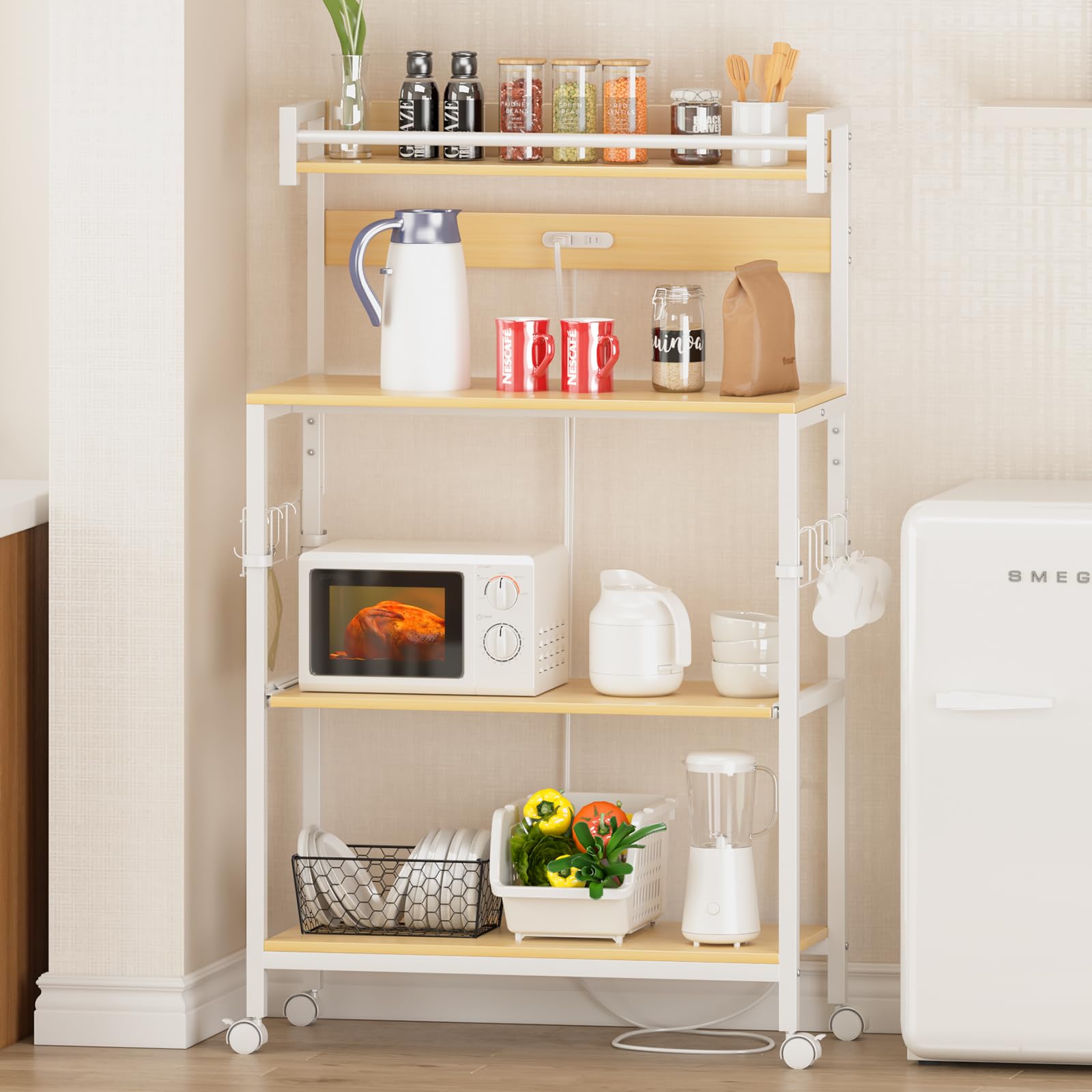 LunarLight キッチンベイカーラック 幅80×奥行39.2×高さ125.5cm キッチンラック レンジラック オープンラック プリンター台 2口コンセント付き 棚板レールでスライド式 耐荷重134kg レンジ炊飯器など対応 Sフック ストッパーキャ