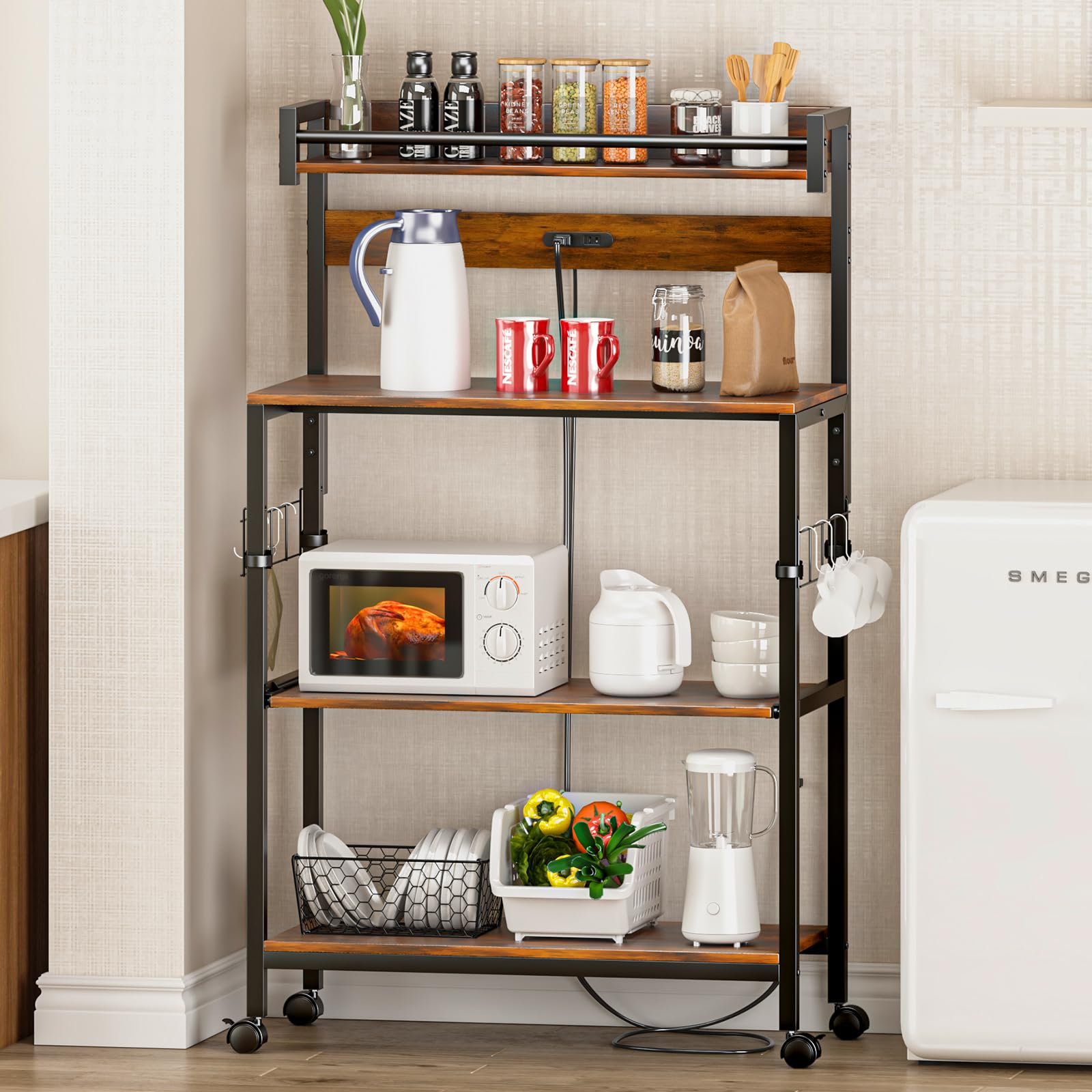 LunarLight キッチンベイカーラック 幅80×奥行39.2×高さ125.5cm キッチンラック レンジラック オープンラック プリンター台 2口コンセント付き 棚板レールでスライド式 耐荷重134kg レンジ炊飯器など対応 Sフック ストッパーキャ