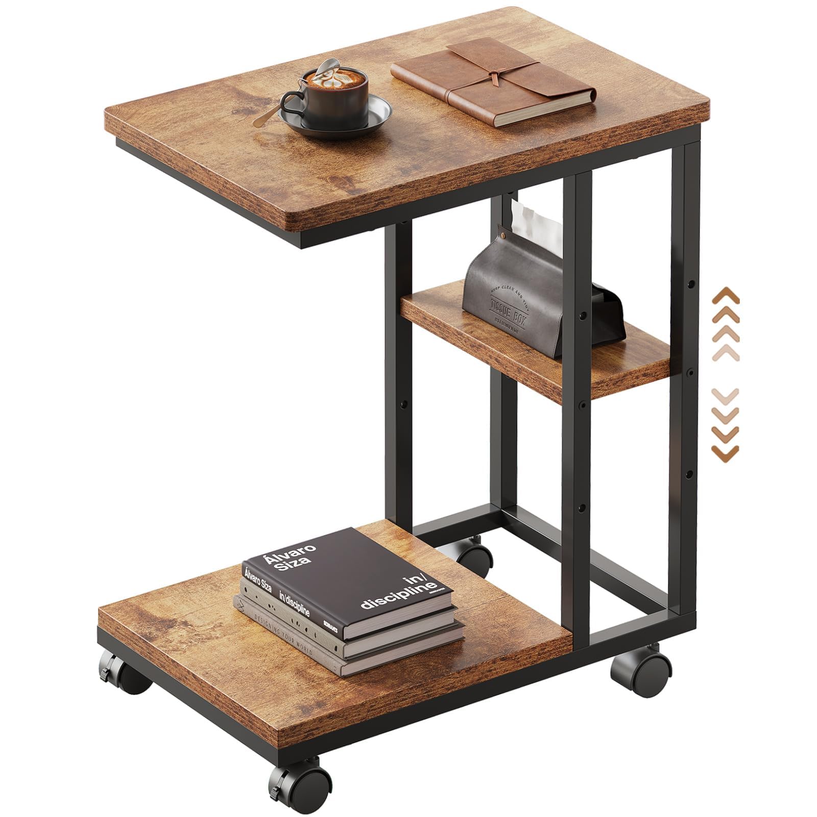 YeTom サイドテーブル キャスター付き ソファーテーブル コの字型ベッドサイドテーブル ソファテーブル 可移動ナイトテーブル 層板は調節可能 幅40×奥行29.5×高さ51.9cm（キャスター含む）ビンテージ