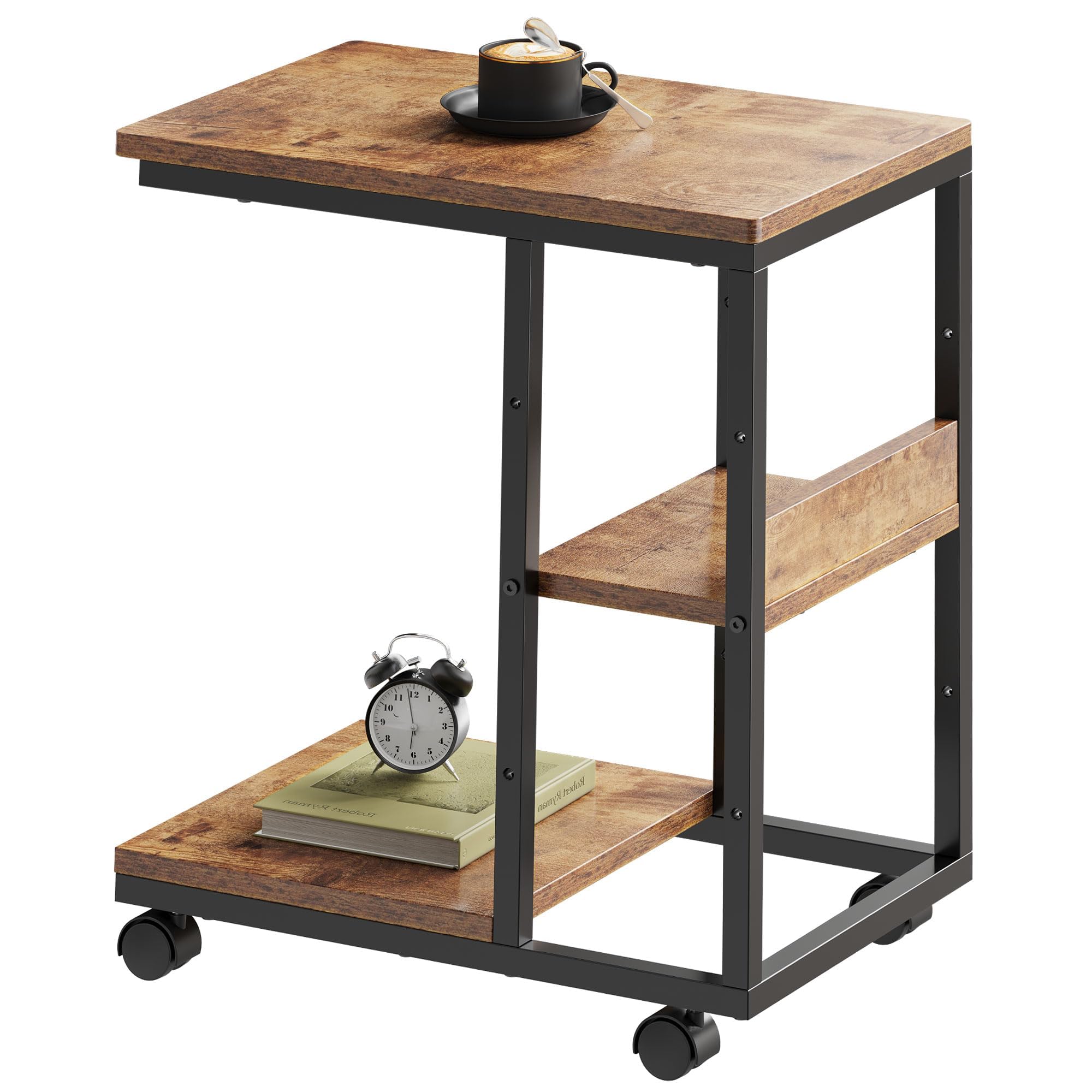 YeTom サイドテーブル キャスター付き コの字型ベッド サイドテーブル リビング 可移動ナイトテーブル 層板は調節可能 幅48×奥行30×高さ60cm（キャスター約5CM） ビンテージ