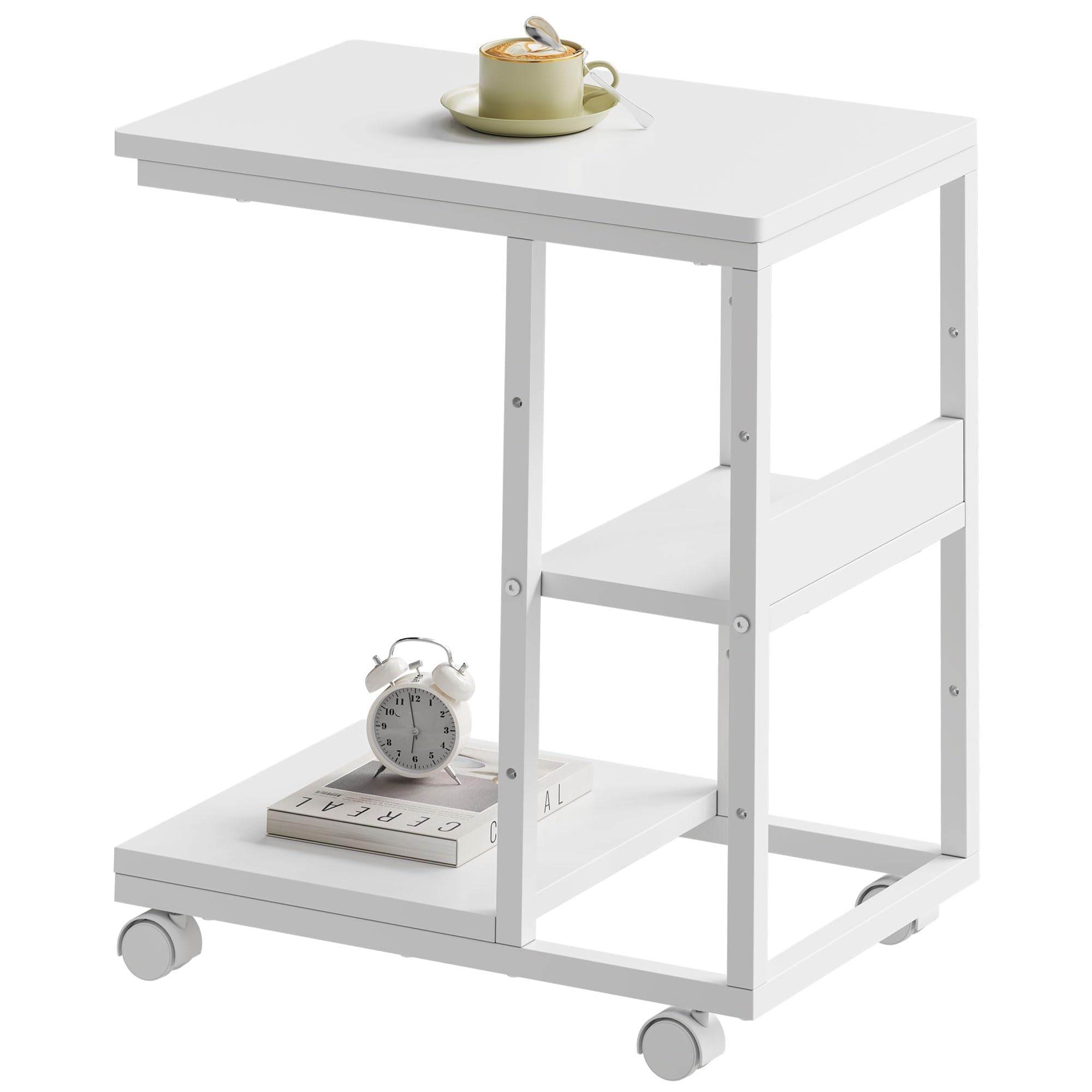 YeTom サイドテーブル キャスター付き ソファーテーブル コの字型ベッドサイドテーブル ソファテーブル 可移動ナイトテーブル 層板は調節可能 幅48×奥行30×高さ60cm（キャスター約5CM） 白い