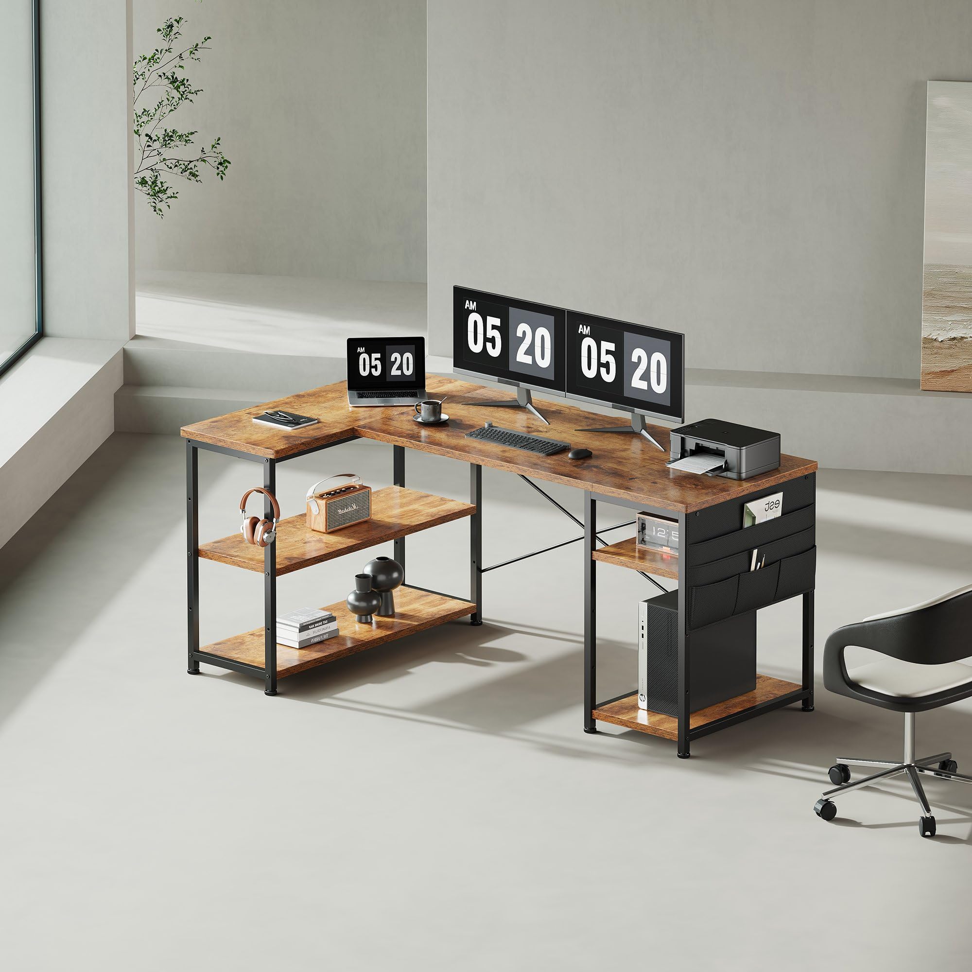 YeTom l字デスク ゲーミングデスク デスク 幅150cm pcデスク コーナーデスク 棚板高さ調節可能 収納袋付き L字型 PC 勉強机 作業 在宅勤務 リモートワーク ゲーム 書斎 収納ラック付き ビンテージ renew06-10020230 RENEW サンプル画像2
