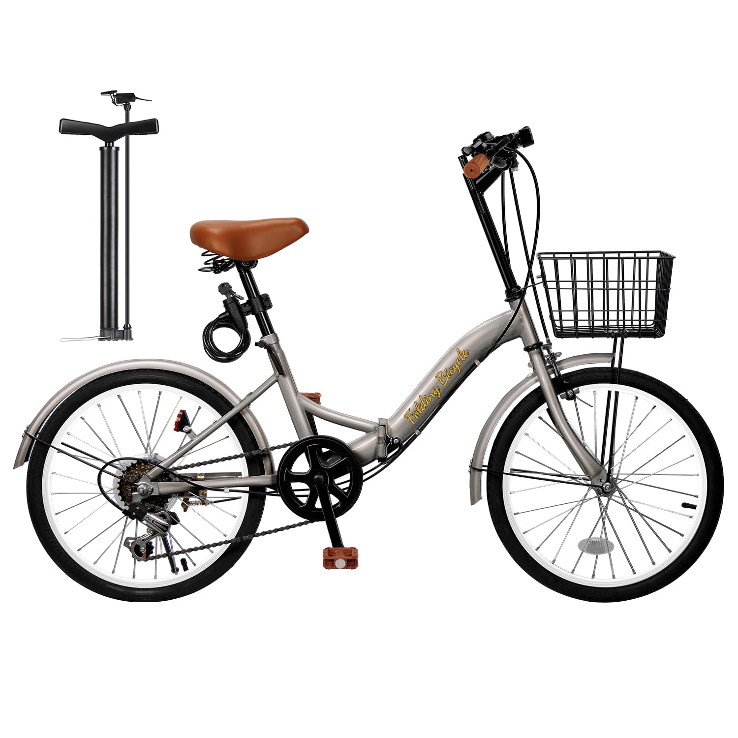 Mixiu 折畳み自転車 20インチ 軽量 素早く折畳可能 シマノ6段変速 高炭素鋼フレーム ハンドル・サドル高さ調整可能 折り畳み自転車 通勤 通学 折りたたみ自転車 前後泥除け装備 ワイヤーロック、ライト、カゴ、空気入れ付き 男女兼用 (シルバーグレー