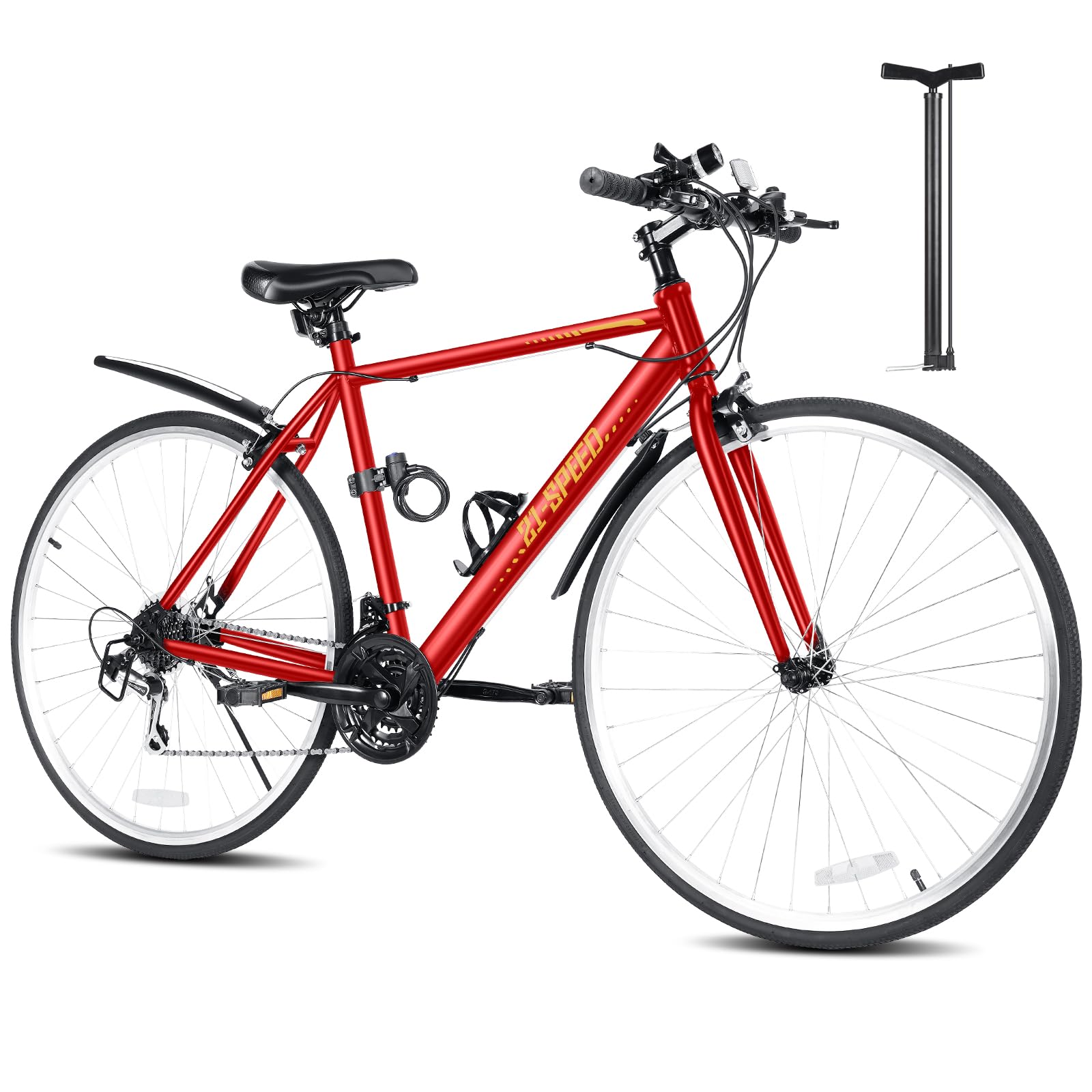 Mixiu クロスバイク シマノ製21段変速 自転車 700C 27インチ相当 高炭素鋼フレーム 軽量 クロスバイク 男女兼用 通勤 通学 旅行 街乗り マウンテンバイク 空気入れ付き、前後泥除け、ワイヤーロック、ライト、反射板、コップホルダー (レッド)