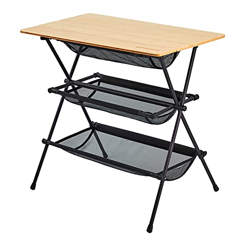 KingCamp 折りたたみ テーブル キャンピングラック 竹製天板が付き メッシュ 置台 フォールディング 棚..