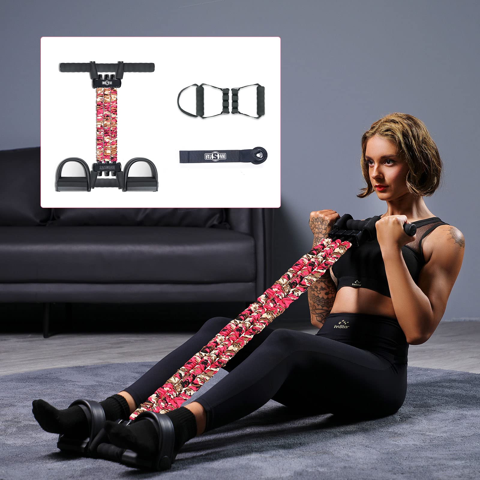INNSTAR 2イン1 調節可能なペダル抵抗バンド 腹筋器具 胸部エキスパンダー スナップ防止カバー ハンド..