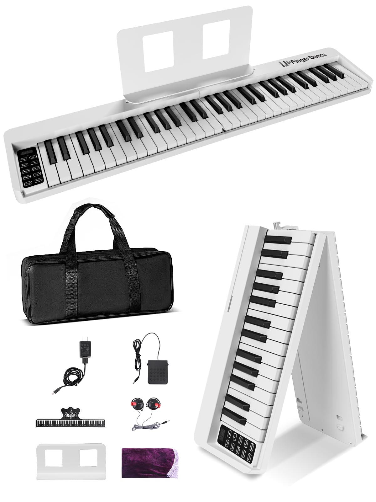 電子ピアノ 61鍵盤 折り畳み 初心者 練習用 軽量 手持ち 持ち運びケース ペダル付き 専用マット (白)