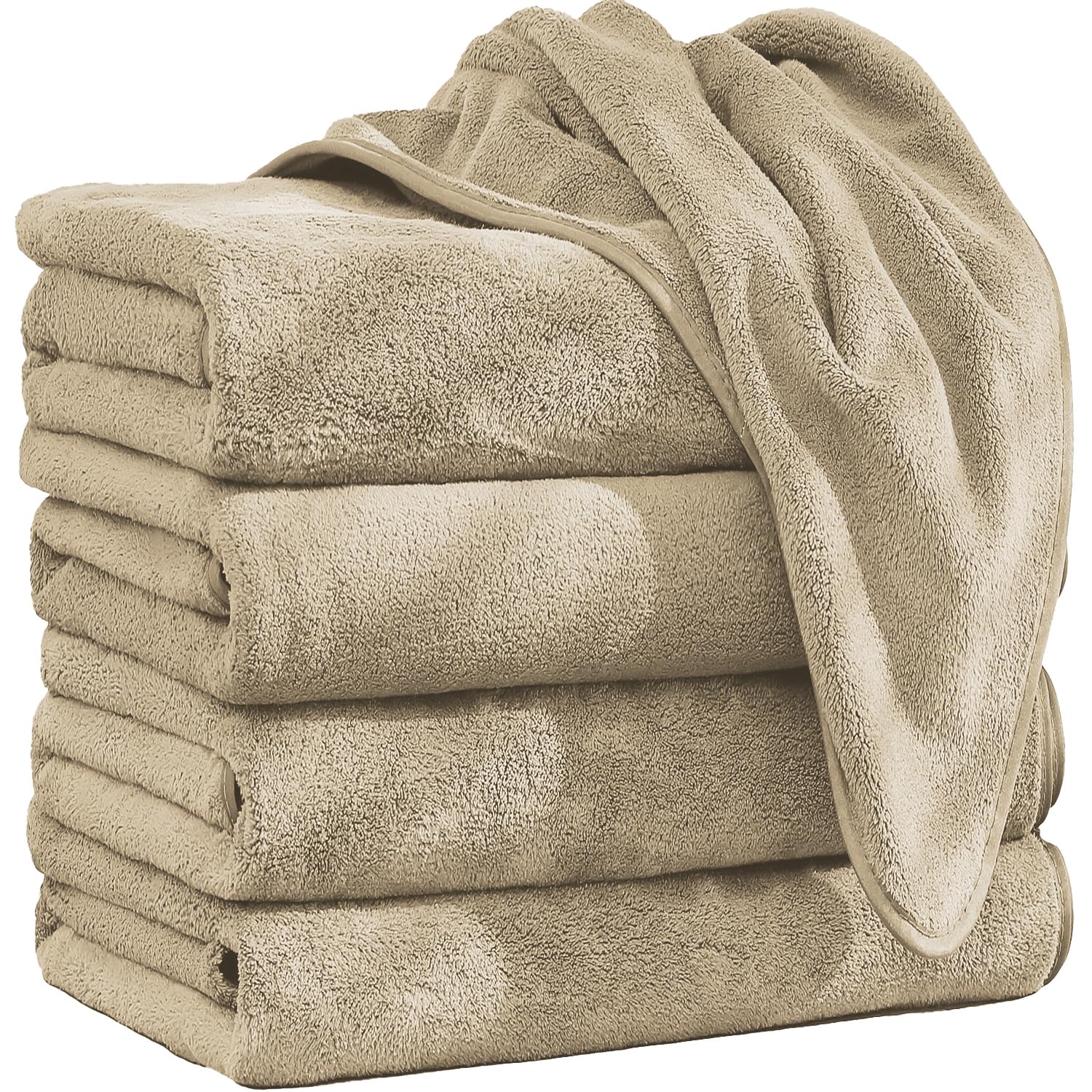 AISFA バスタオル マイクロファイバー 大判 ホテル仕様 セット スタイルタオル ループ付き 浴用 プール用 家庭用 業務用 吸水 速乾 抗菌 防臭 ふわふわ 柔らかい (ライトブラウン, 4枚組/大判バスタオル)