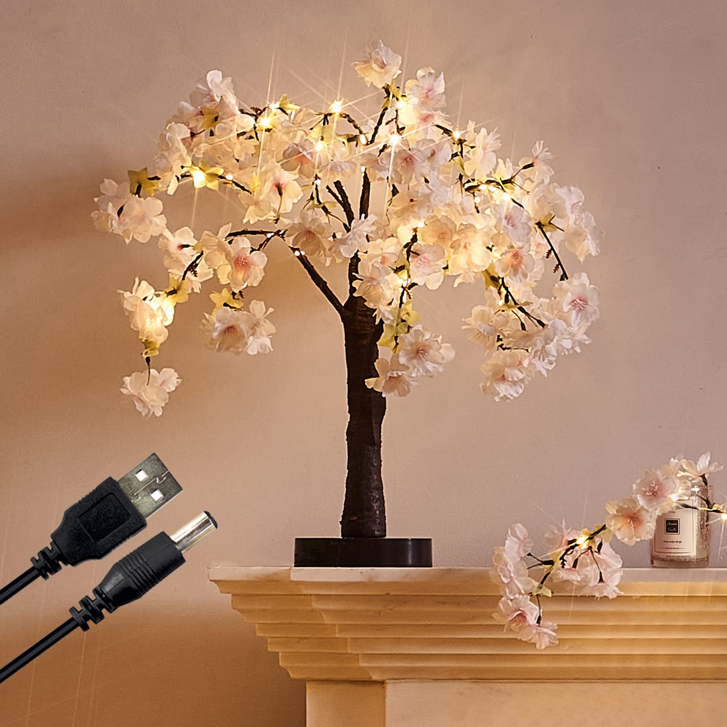 Hairui さくら ライト イルミネーション 造花 ツリー 40LED 桜 フラワー 光るお花 電池式 USB駆動 タイマー付き おしゃれ
