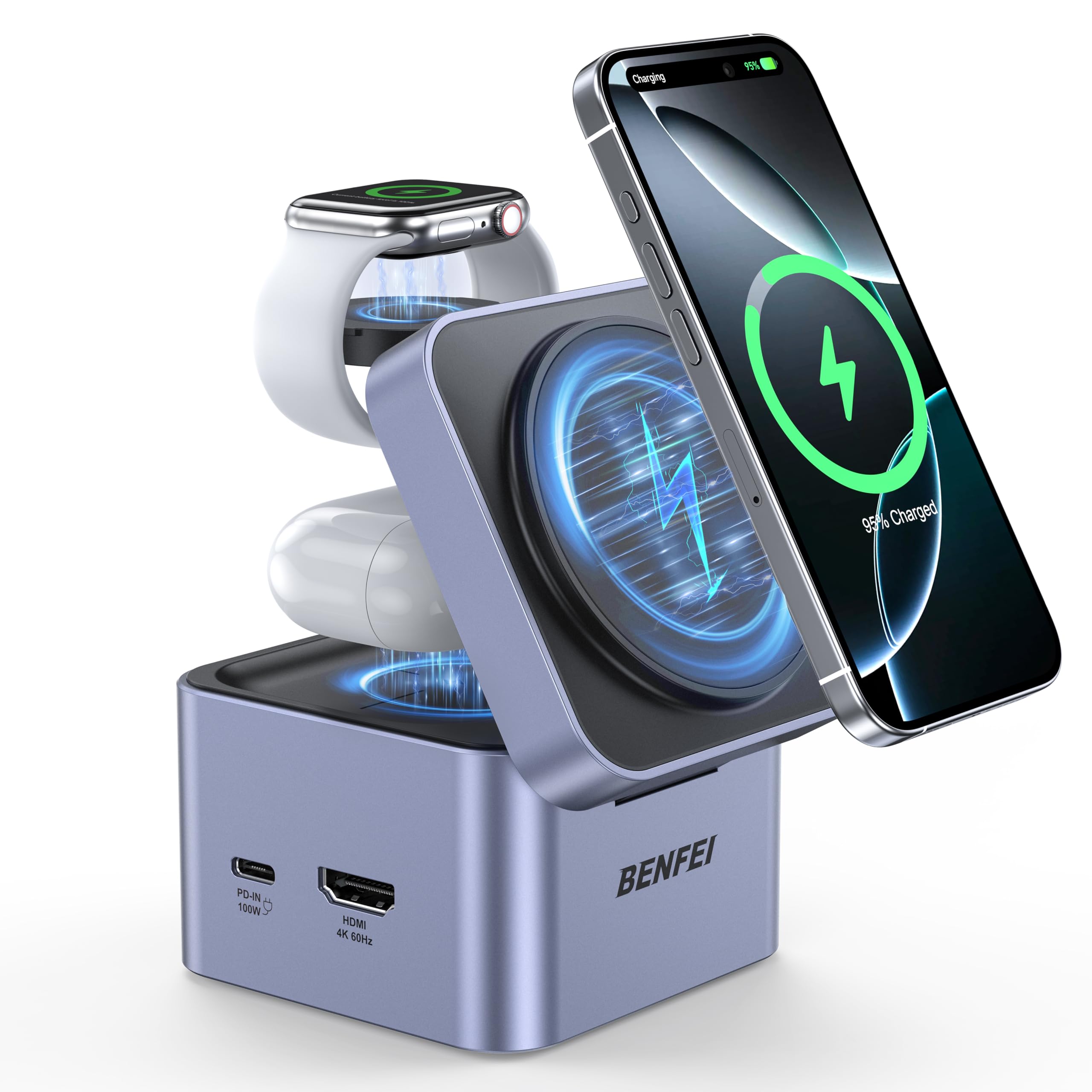 BENFEI 3-in-1 折りたたみ式 MagSafe 充電スタンド USB-C ハブ付き、iPhone 16/15/14/13/12、Apple Watch および AirPods 用ワイヤレス充電ステーション。HDMI（4K@60Hz）、100W P