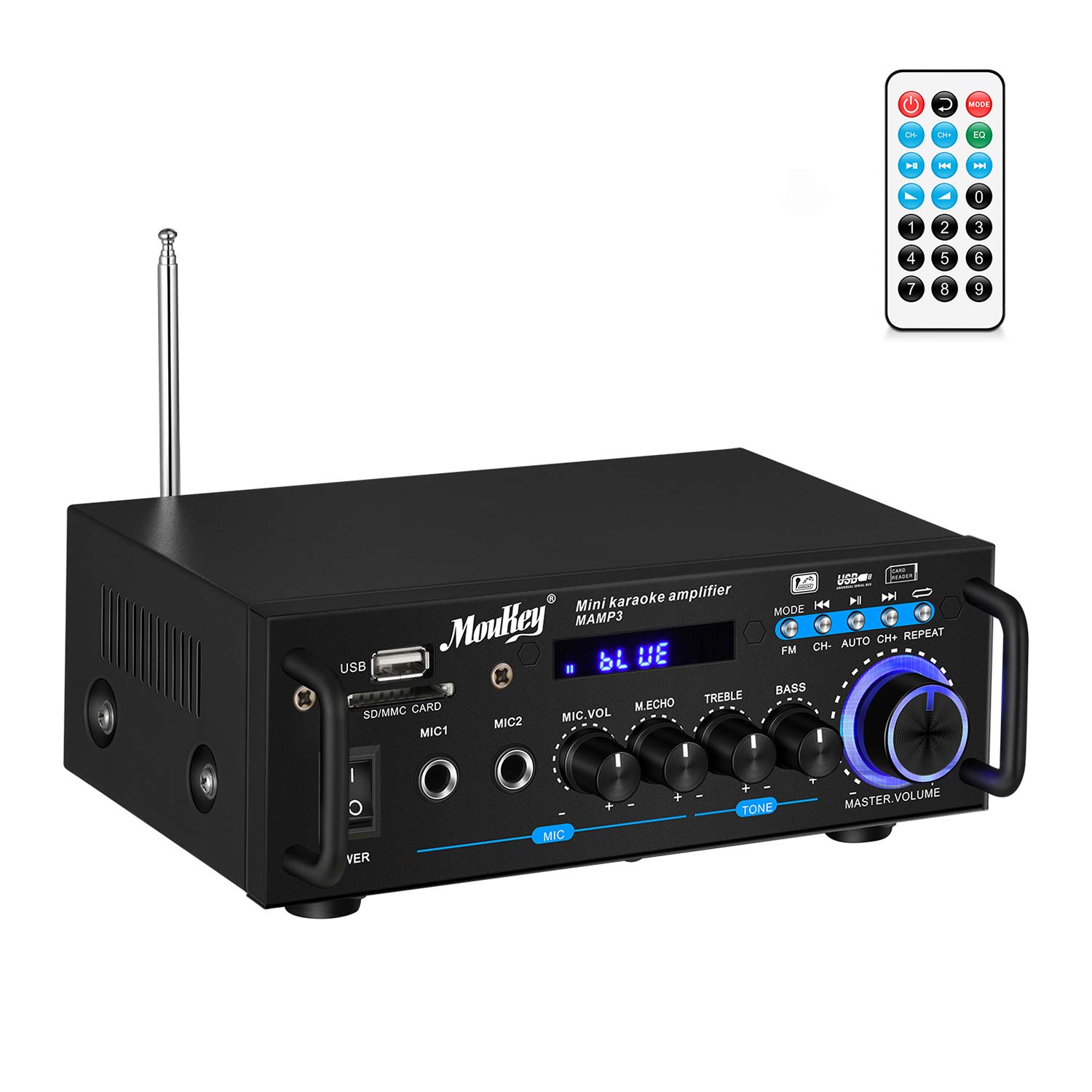 Moukey ステレオアンプ パワーアンプ オーディオアンプ カラオケ アンプ Bluetooth5.0 FMラジオ付き MP3 / USB/SDリーダーデジタル LEDディスプレイ マイク入力（電力100W）ブラック