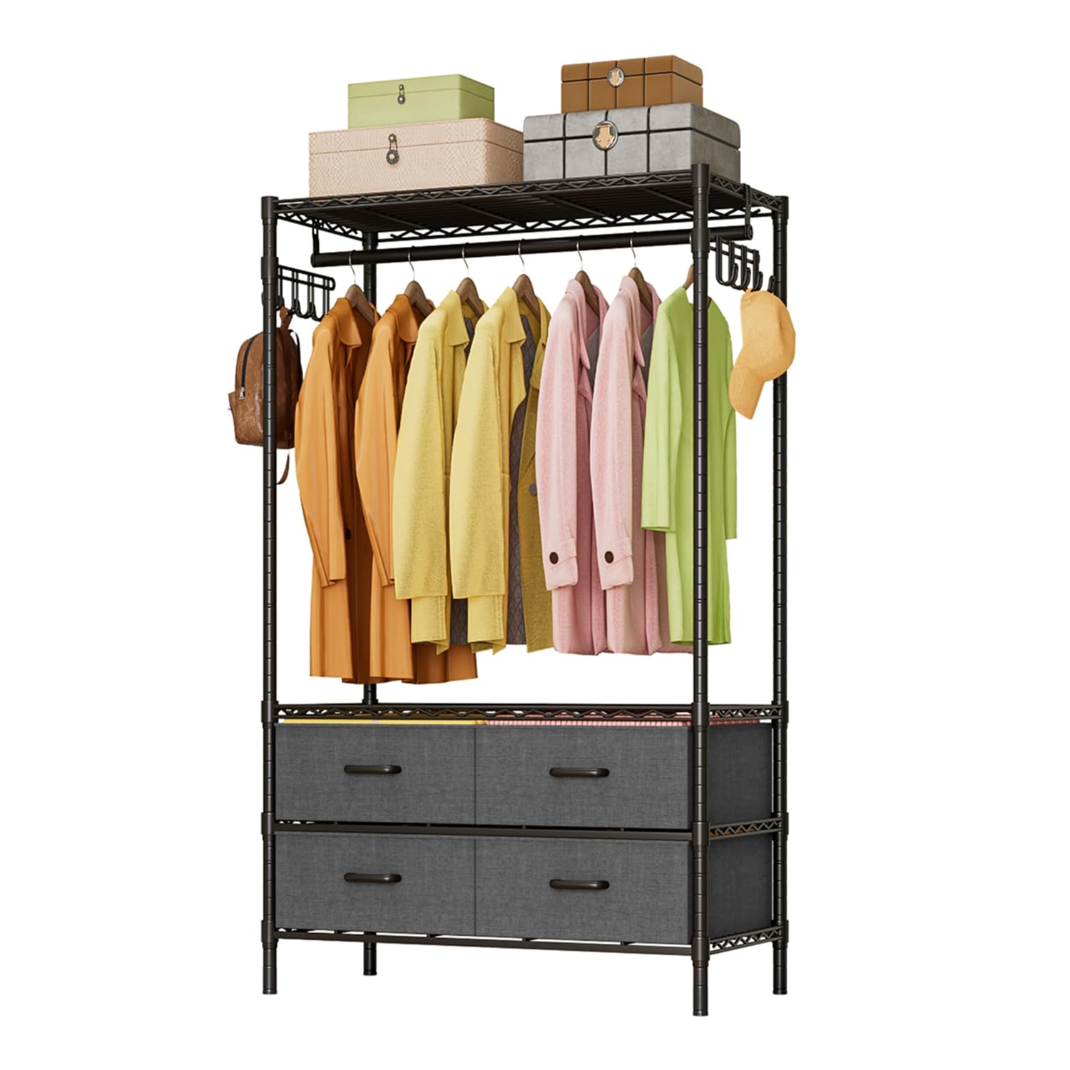 Fainyearn ワードローブ ハンガーラック頑丈 メタルラック スチールラック 洋服掛け 衣類収納用 メタル製ラック 高さ調節 棚3段 引き出し付き 90cm×奥行40cm×高さ180cm (引き出し)